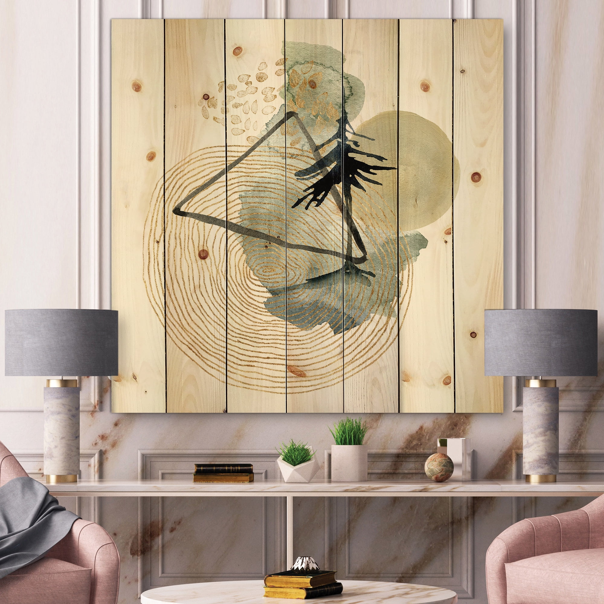 Designart 'Abstract Landscape Of Mountains Tree and Moon' Mid-Century Modern Print on Natural Pine Wood