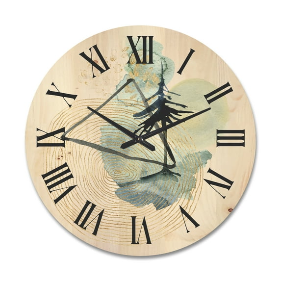 Designart 'Abstract Landscape Of Mountains Tree and Moon' Mid-Century Modern Wood Wall Clock
