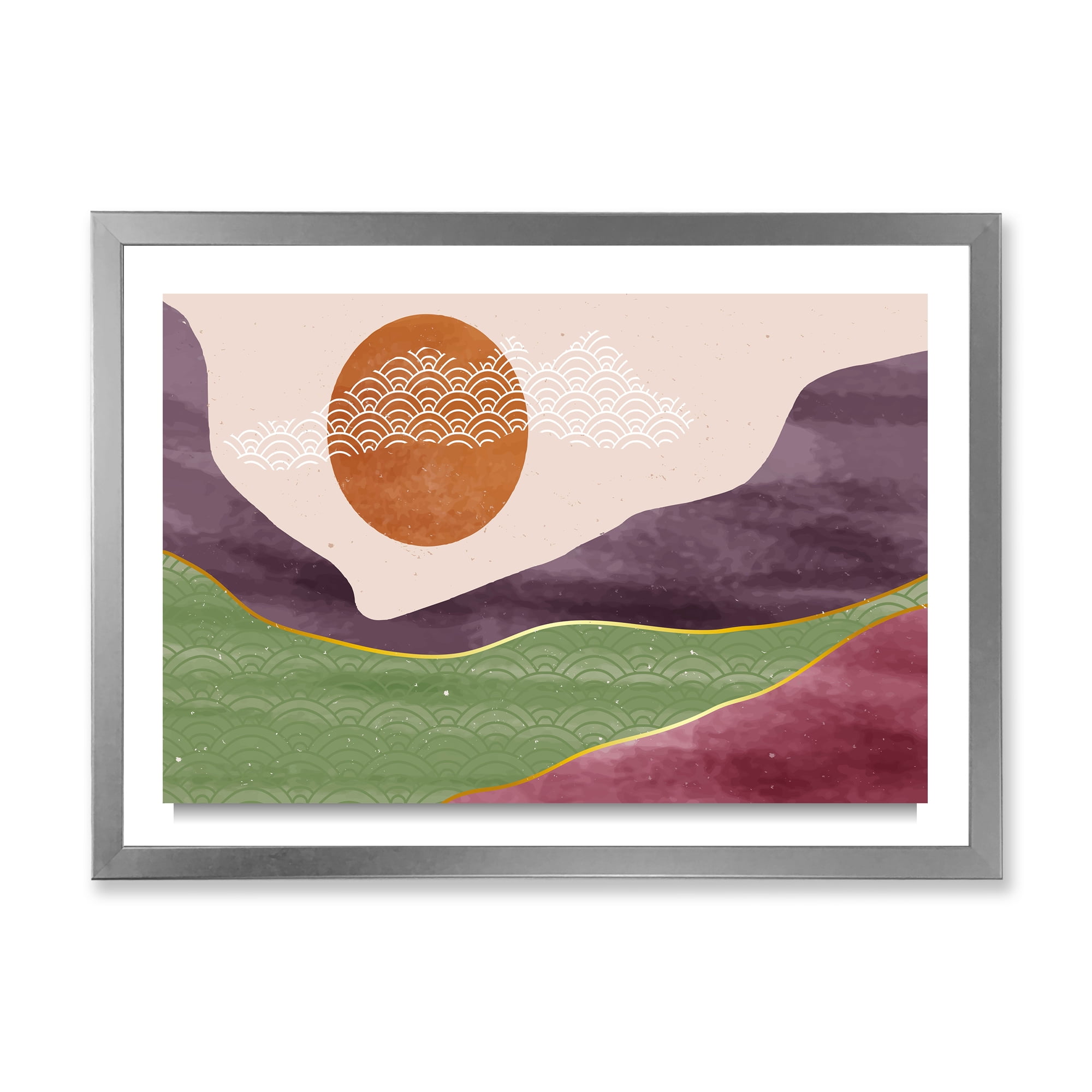 Designart 'Abstract Landscapes With Mountain River and Moon' Modern Framed Art Print