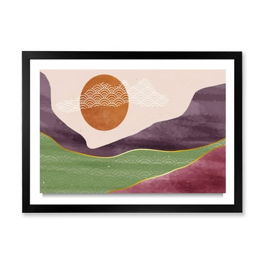 Designart 'Abstract Landscapes With Mountain River and Moon' Modern Framed Art Print