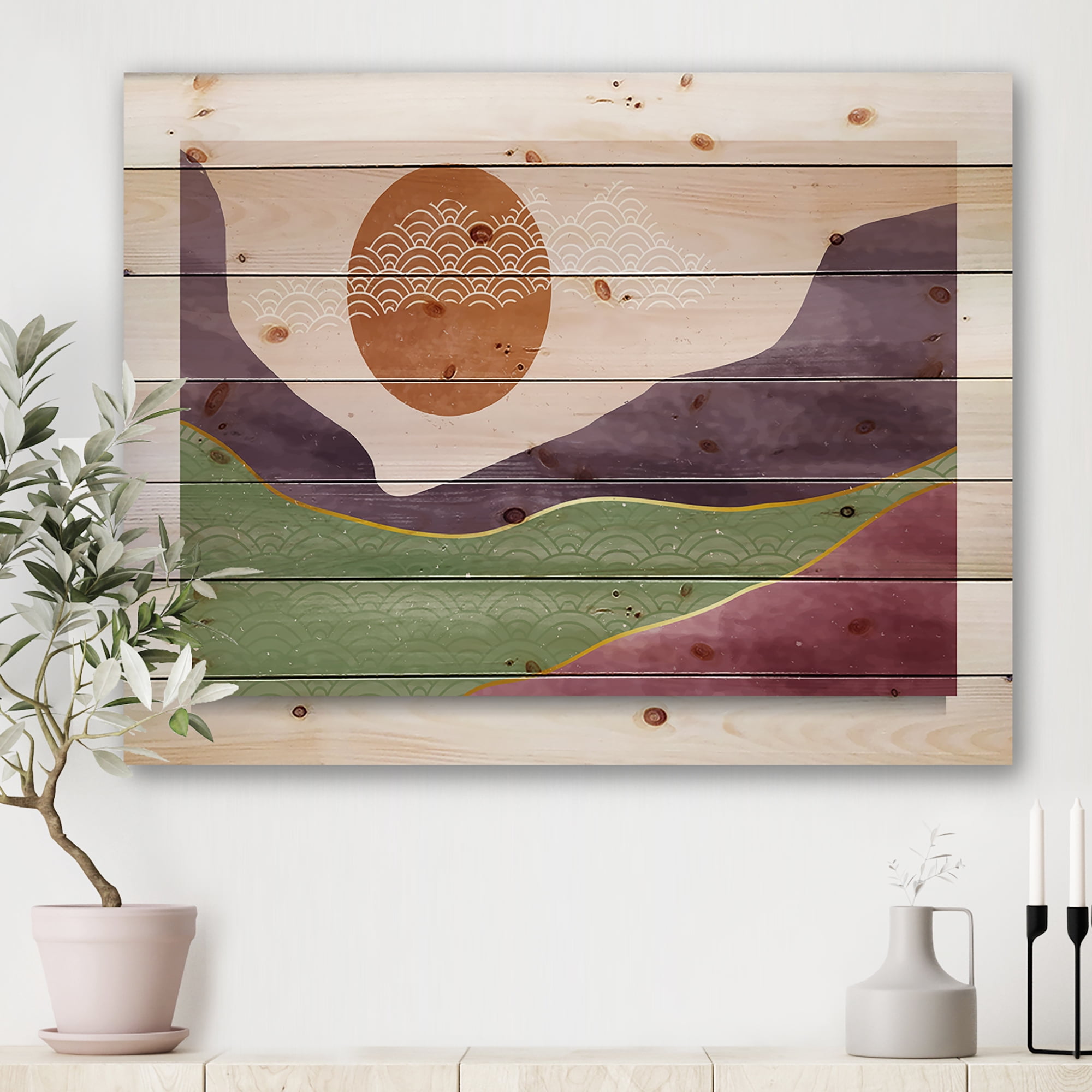Designart 'Abstract Landscapes With Mountain River and Moon' Modern Print on Natural Pine Wood