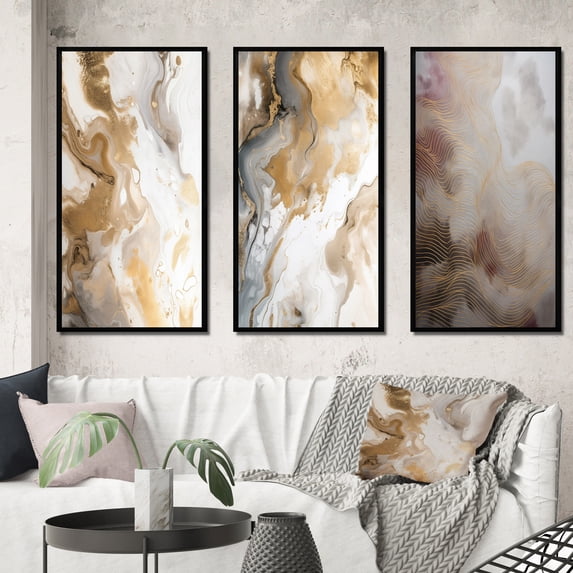 Designart "Abstract Line Artistry Gold and Grey I" Minimalism Line Art Framed Wall Art Set Of 3 - Gold Line Art Frame Gallery Set For Office Decor