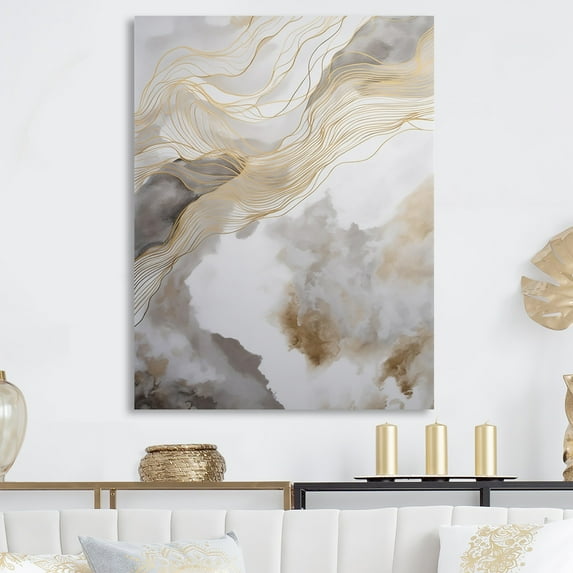 Designart "Abstract Line Artistry Gold and Grey V" Minimalism Line Art Metal Art Living Room