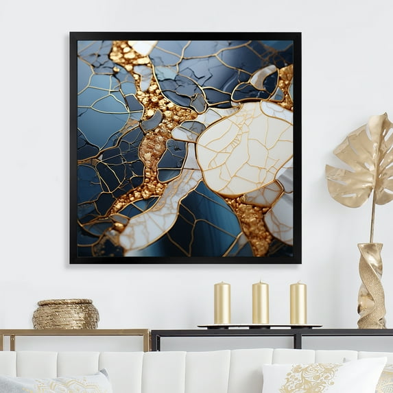 Designart "Abstract Liquid Art in Gold and Blue II" Abstract Framed Wall Art Decor - Modern Gold Abstract Liquid Ink Entryway Framed Wall Art Print