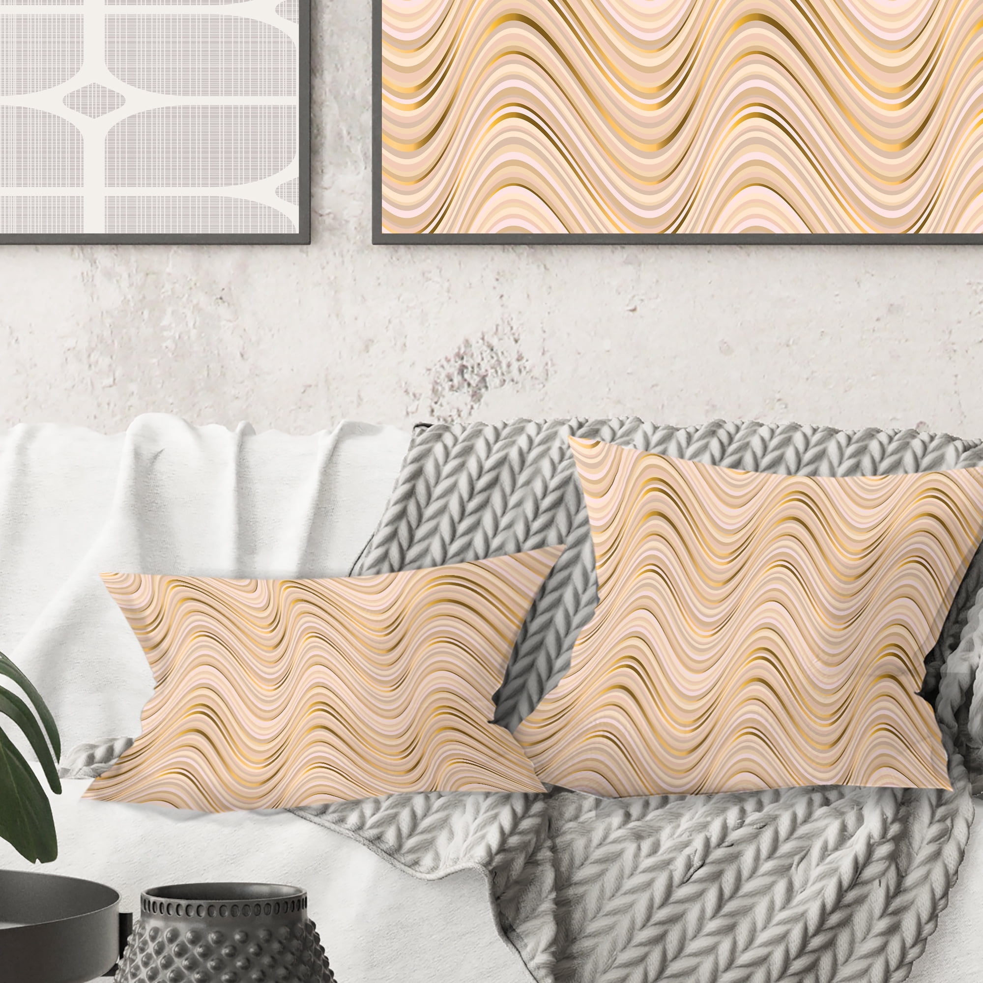 Designart Abstract Luxury Beige Waves' Mid-Century Modern Throw Pillow - 16x16