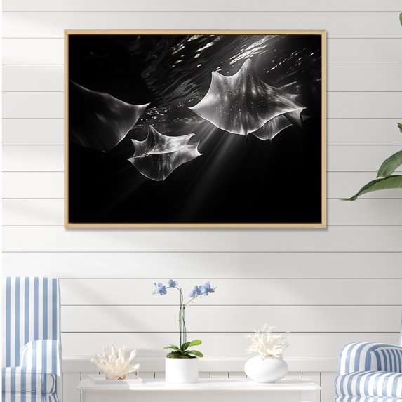 Designart "Abstract Manta Ray Choreography" Coastal Coral Under Water Floater Framed Wall Art Prints
