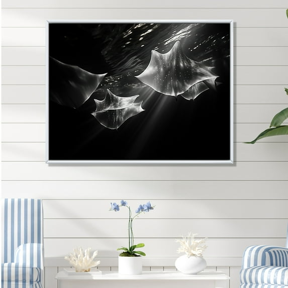 Designart "Abstract Manta Ray Choreography" Coastal Coral Under Water Floater Framed Wall Art Prints
