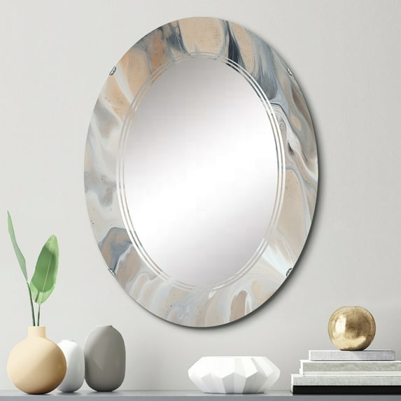 Designart "Abstract Marble Art with Copy Space VII" Fractals Round Wall Mirror - Modern Oval Printed Decorative Oversized Mirror - Multiple Color Options