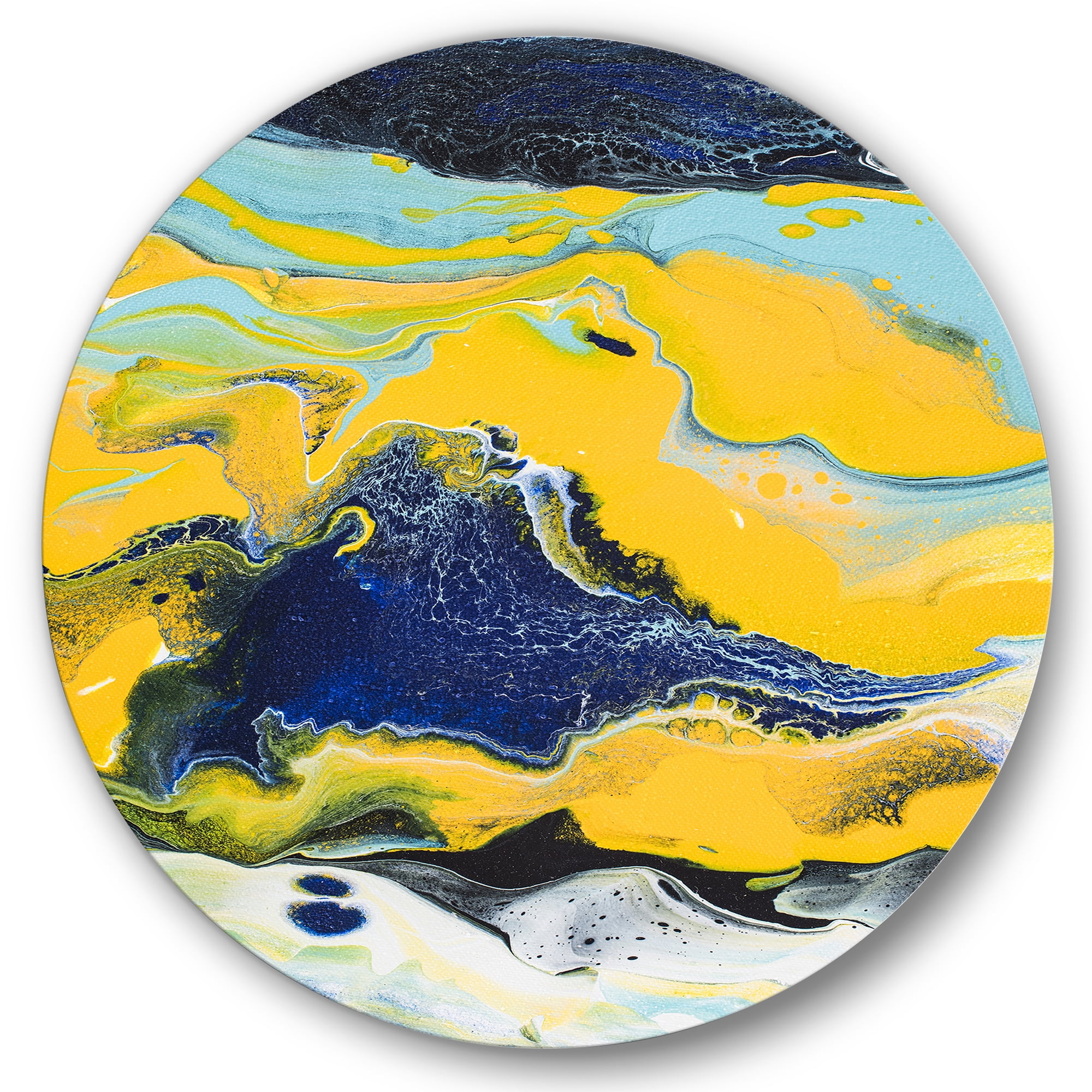 Designart 'Abstract Marble Composition In Blue and Yellow I' Modern Circle Metal Wall Art 29x29 - Disc of 29