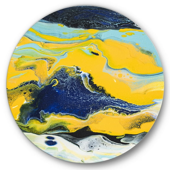 Designart 'Abstract Marble Composition In Blue and Yellow I' Modern Circle Metal Wall Art 36x36 - Disc of 36