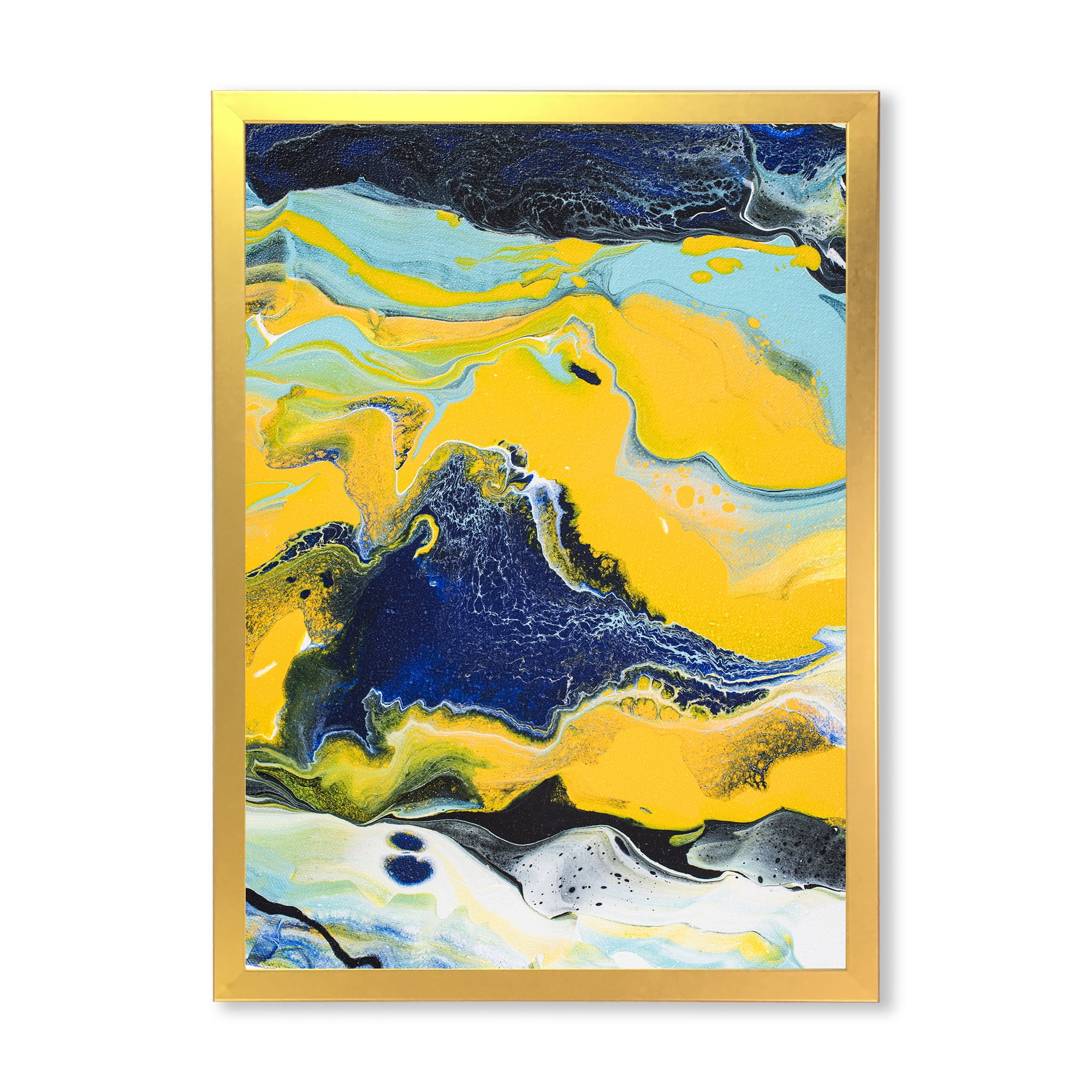 Designart 'Abstract Marble Composition In Blue and Yellow I' Modern Framed Art Print