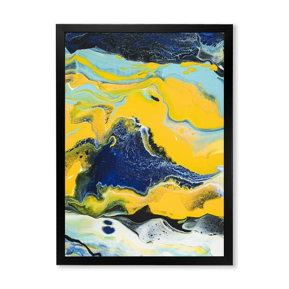 Designart 'Abstract Marble Composition In Blue and Yellow I' Modern Framed Art Print