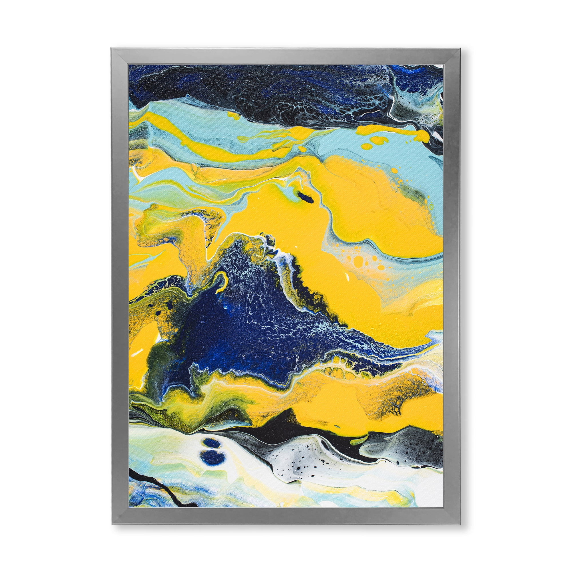 Designart 'Abstract Marble Composition In Blue and Yellow I' Modern Framed Art Print