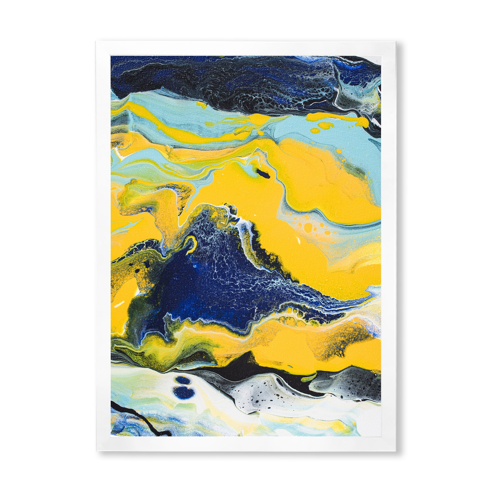 Designart 'Abstract Marble Composition In Blue and Yellow I' Modern Framed Art Print