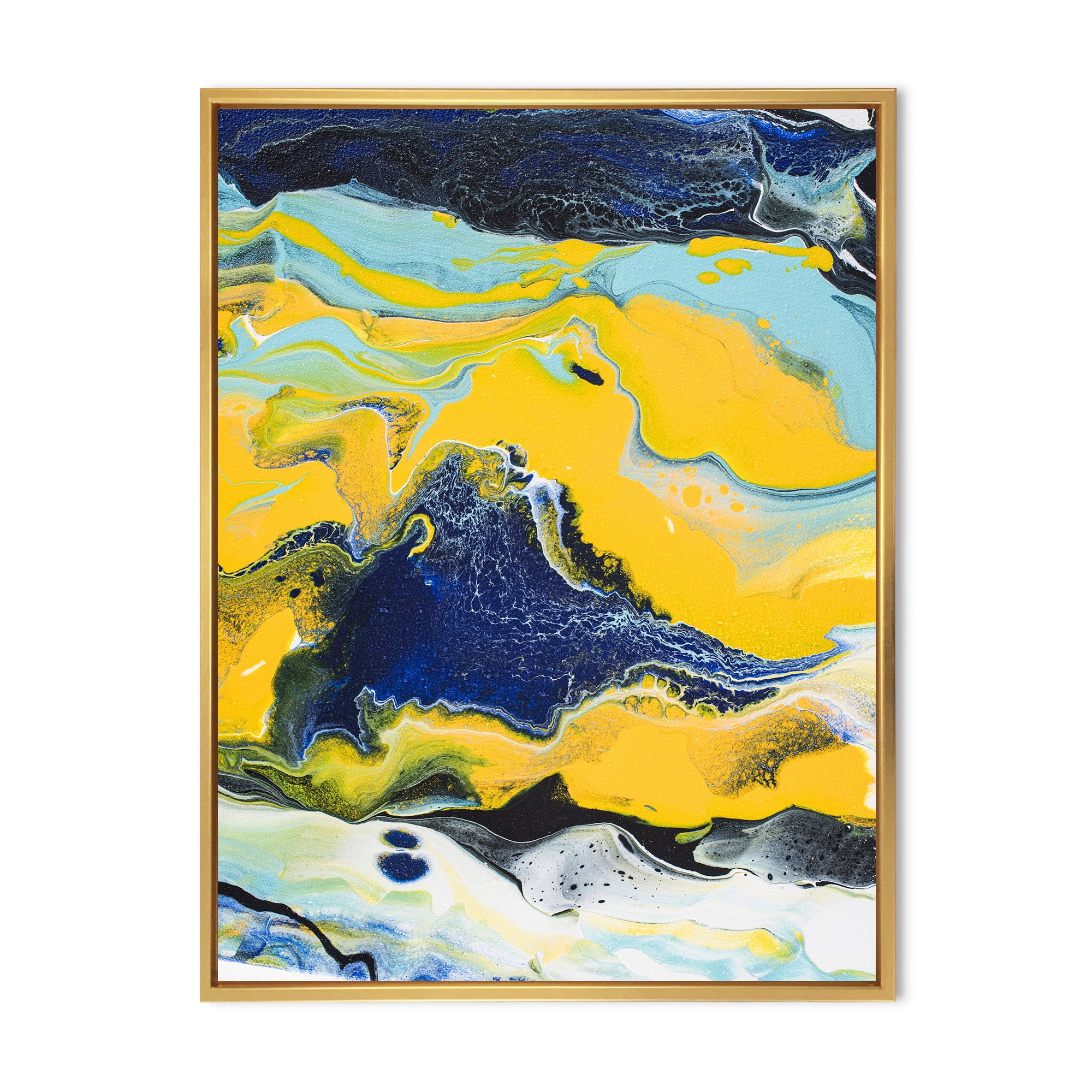 Designart 'Abstract Marble Composition In Blue and Yellow I' Modern Framed Canvas Wall Art Print