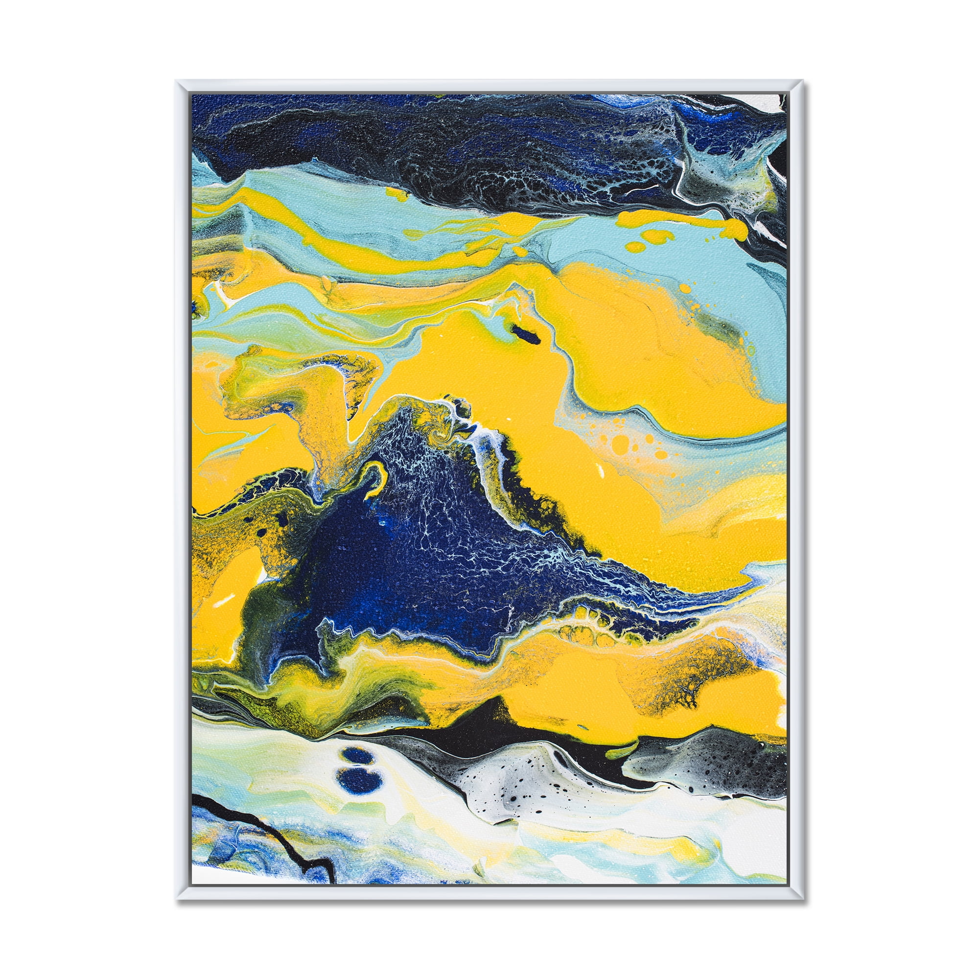 Designart 'Abstract Marble Composition In Blue and Yellow I' Modern Framed Canvas Wall Art Print