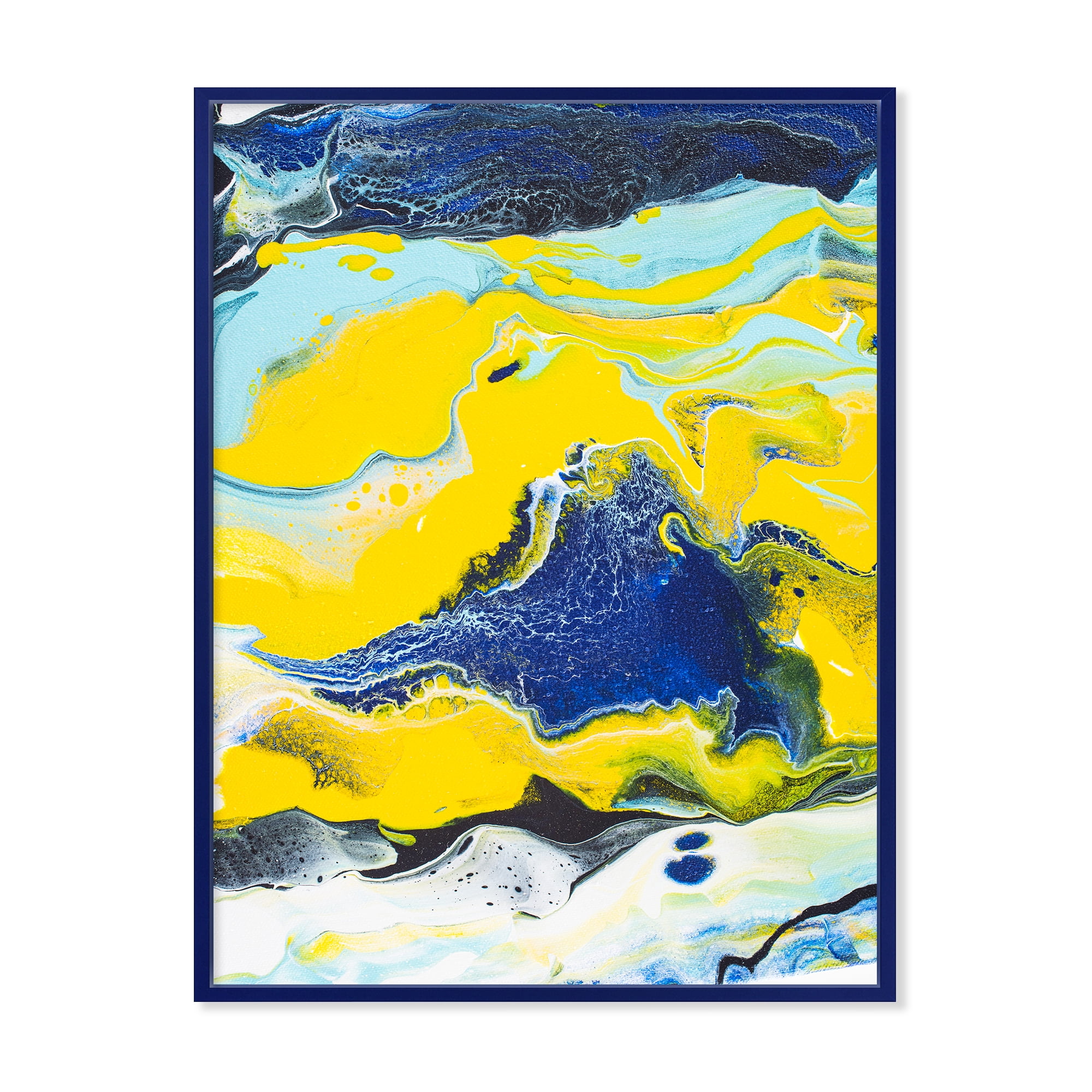Designart 'Abstract Marble Composition In Blue and Yellow I' Modern Framed Canvas Wall Art Print