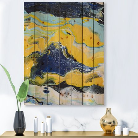 Designart 'Abstract Marble Composition In Blue and Yellow I' Modern Print on Natural Pine Wood