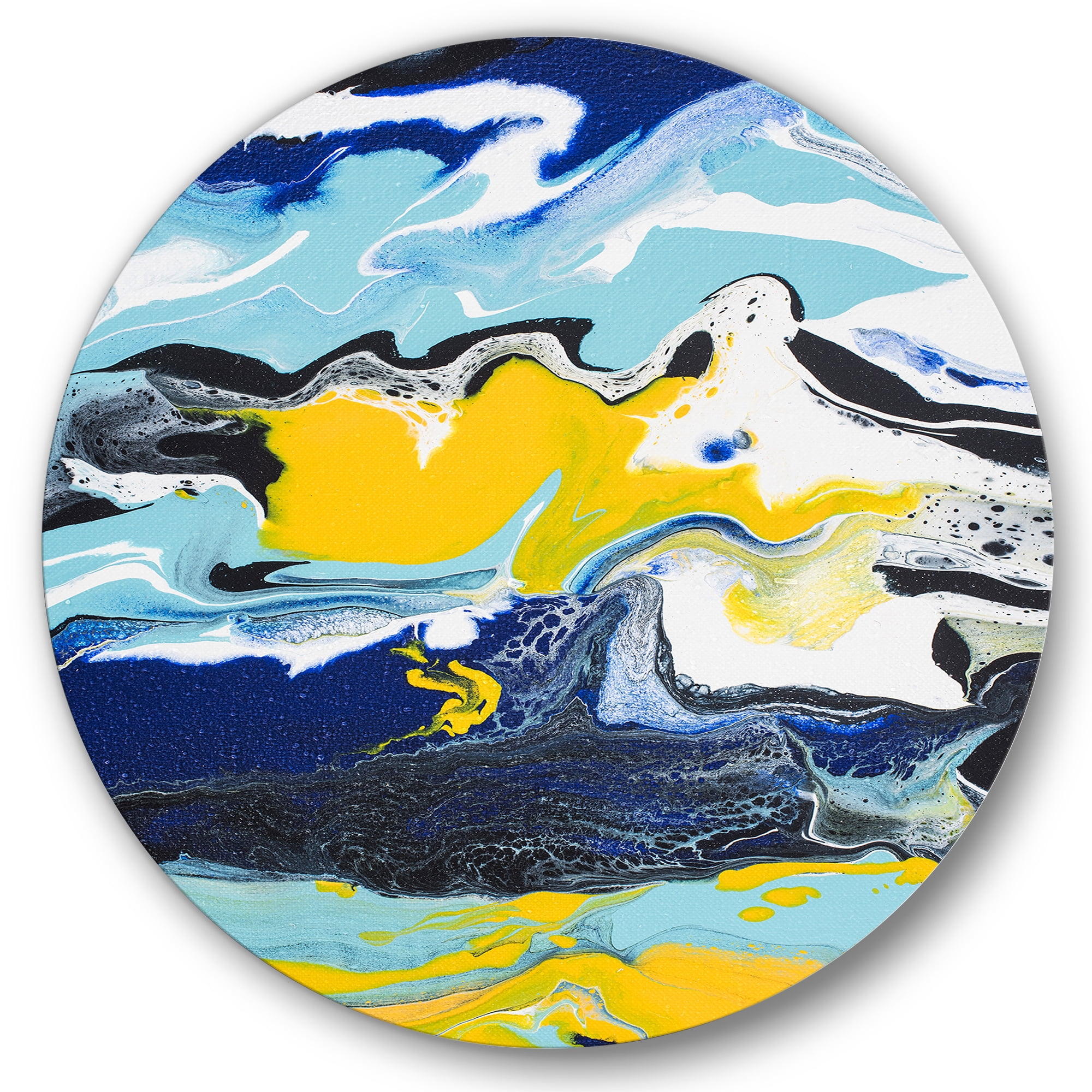 Designart 'Abstract Marble Composition In Blue and Yellow II' Modern Circle Metal Wall Art 11x11 - Disc of 11