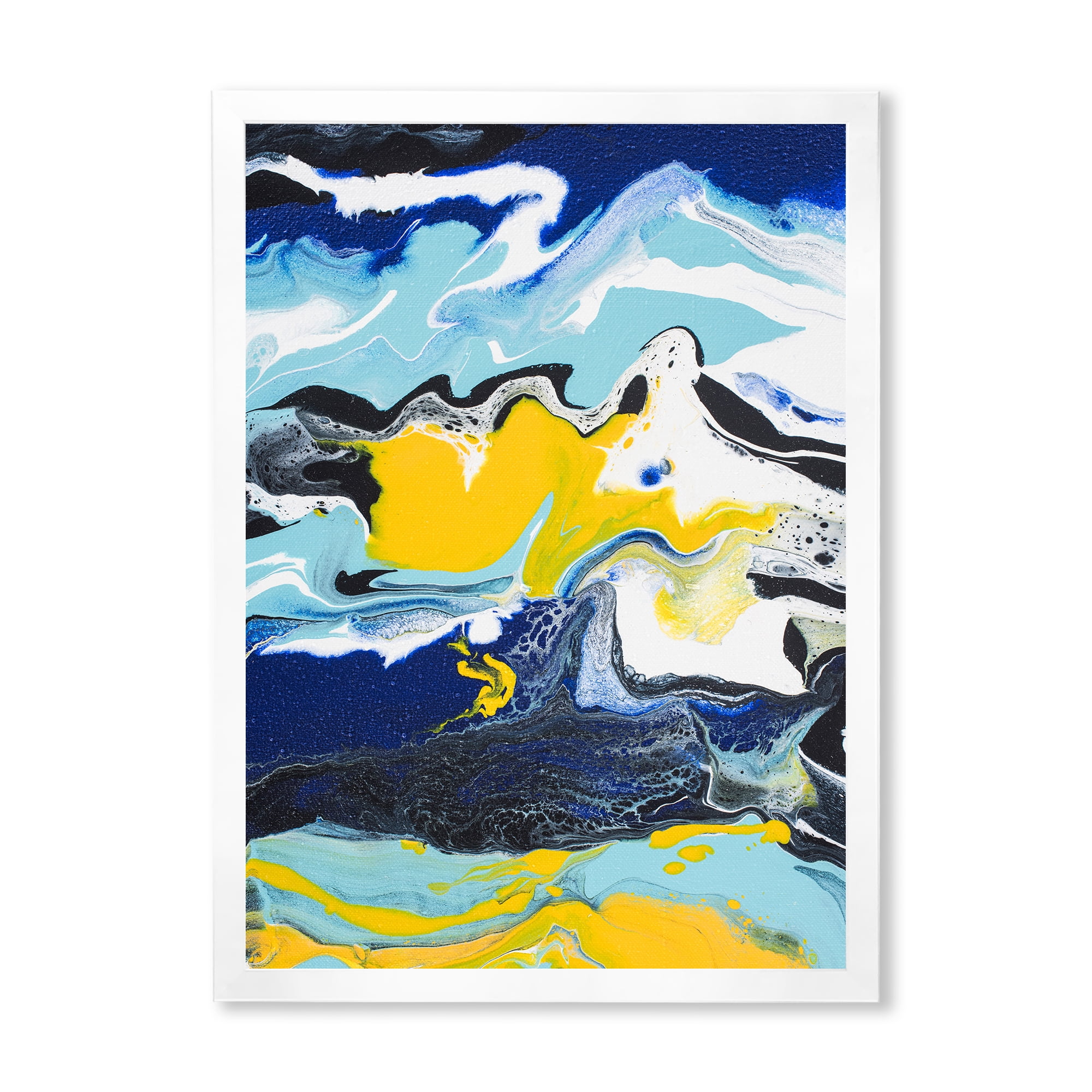 Designart 'Abstract Marble Composition In Blue and Yellow II' Modern Framed Art Print