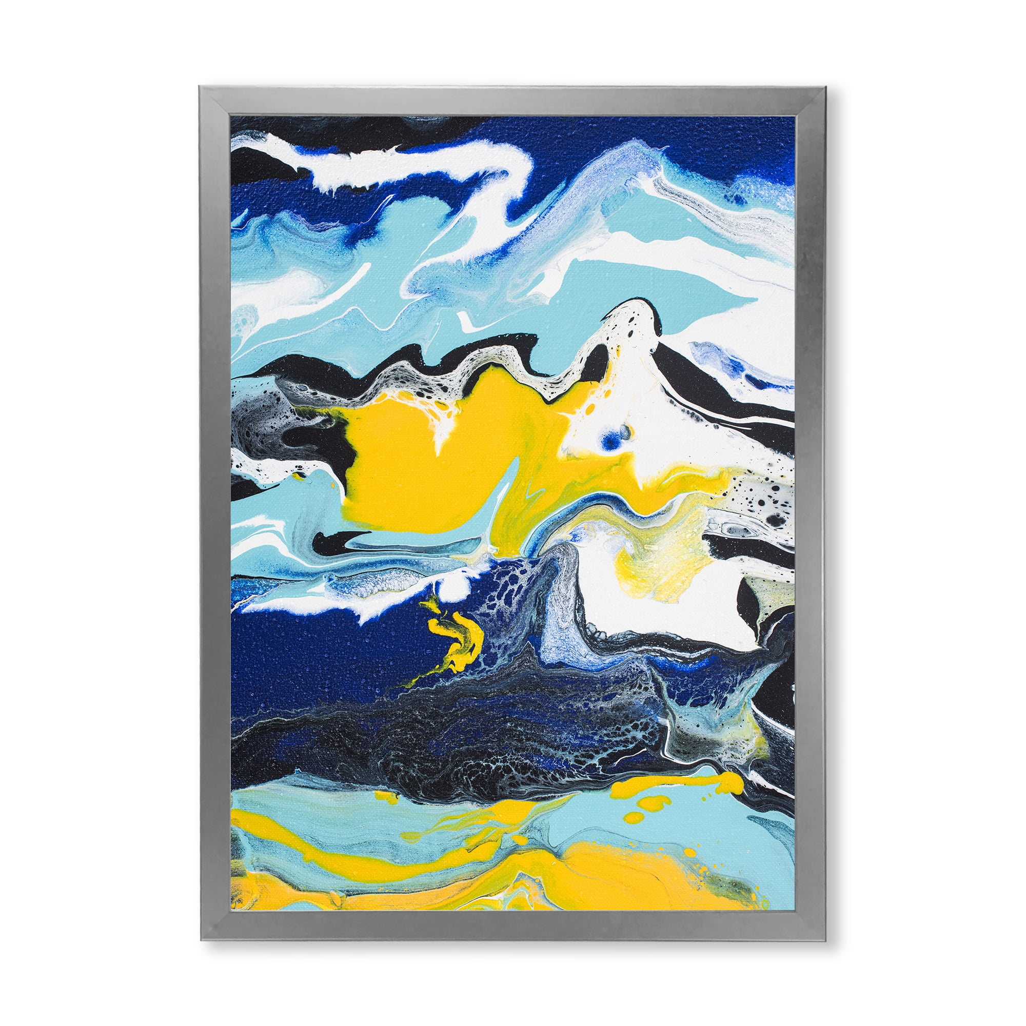 Designart 'Abstract Marble Composition In Blue and Yellow II' Modern Framed Art Print