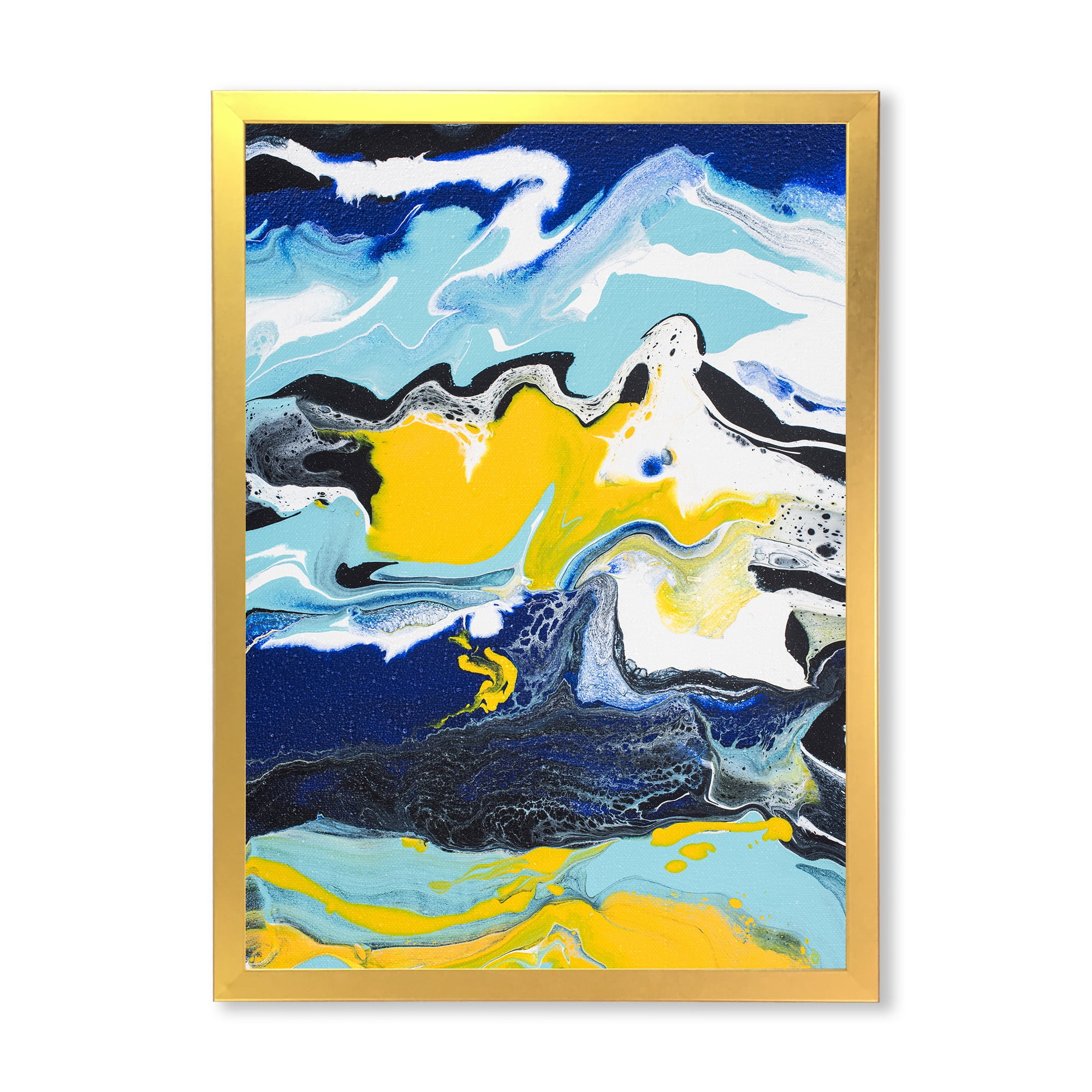 Designart 'Abstract Marble Composition In Blue and Yellow II' Modern Framed Art Print