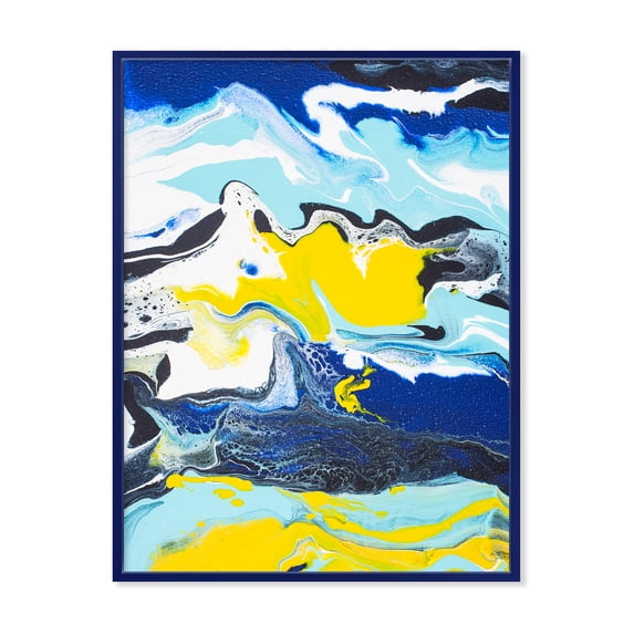 Designart 'Abstract Marble Composition In Blue and Yellow II' Modern Framed Canvas Wall Art Print