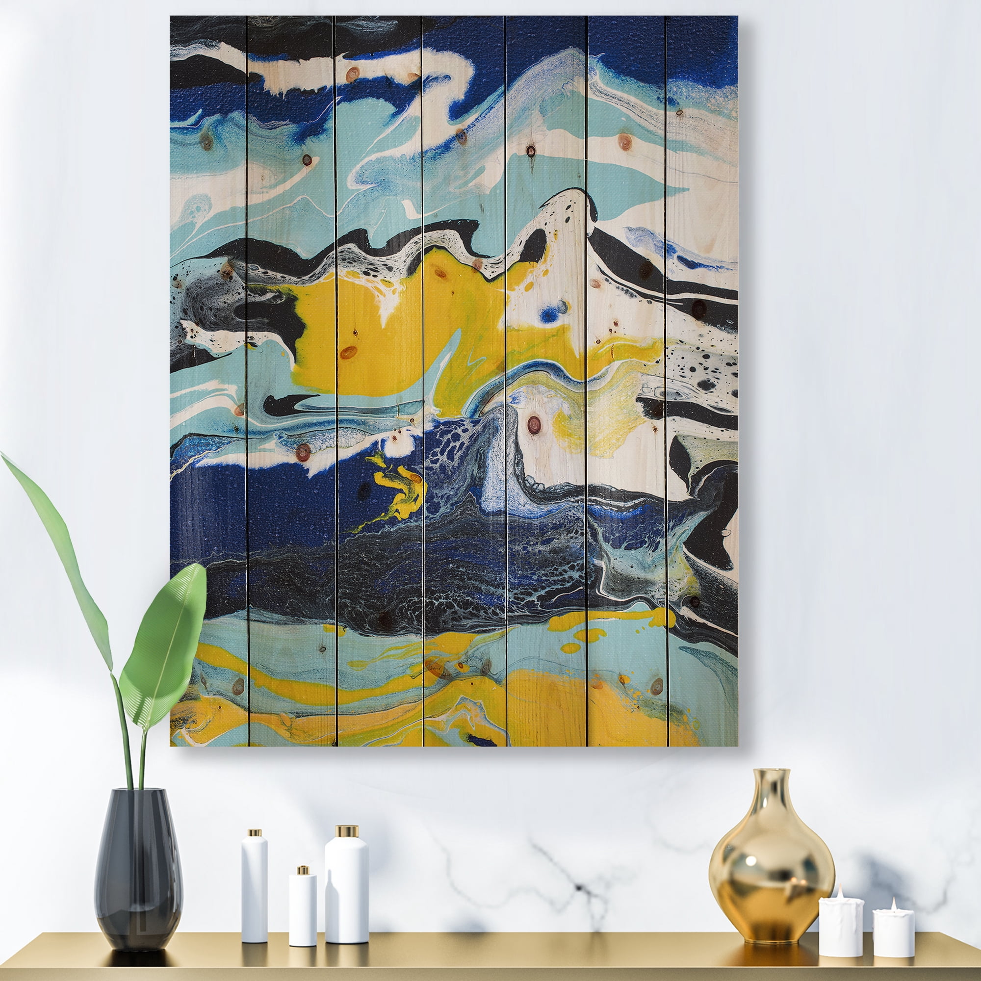 Designart 'Abstract Marble Composition In Blue and Yellow II' Modern Print on Natural Pine Wood