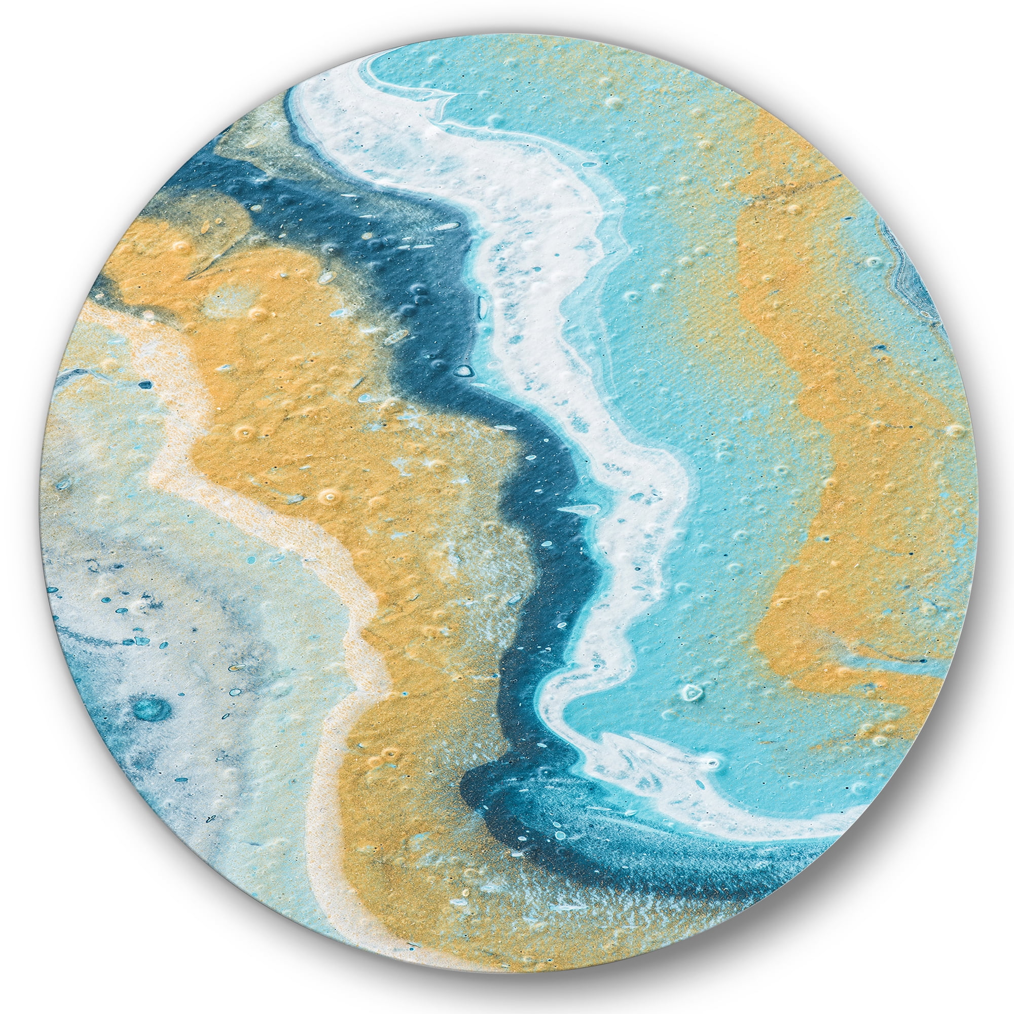 Designart 'Abstract Marble Composition In Blue and Yellow III' Modern Circle Metal Wall Art 23x23 - Disc of 23