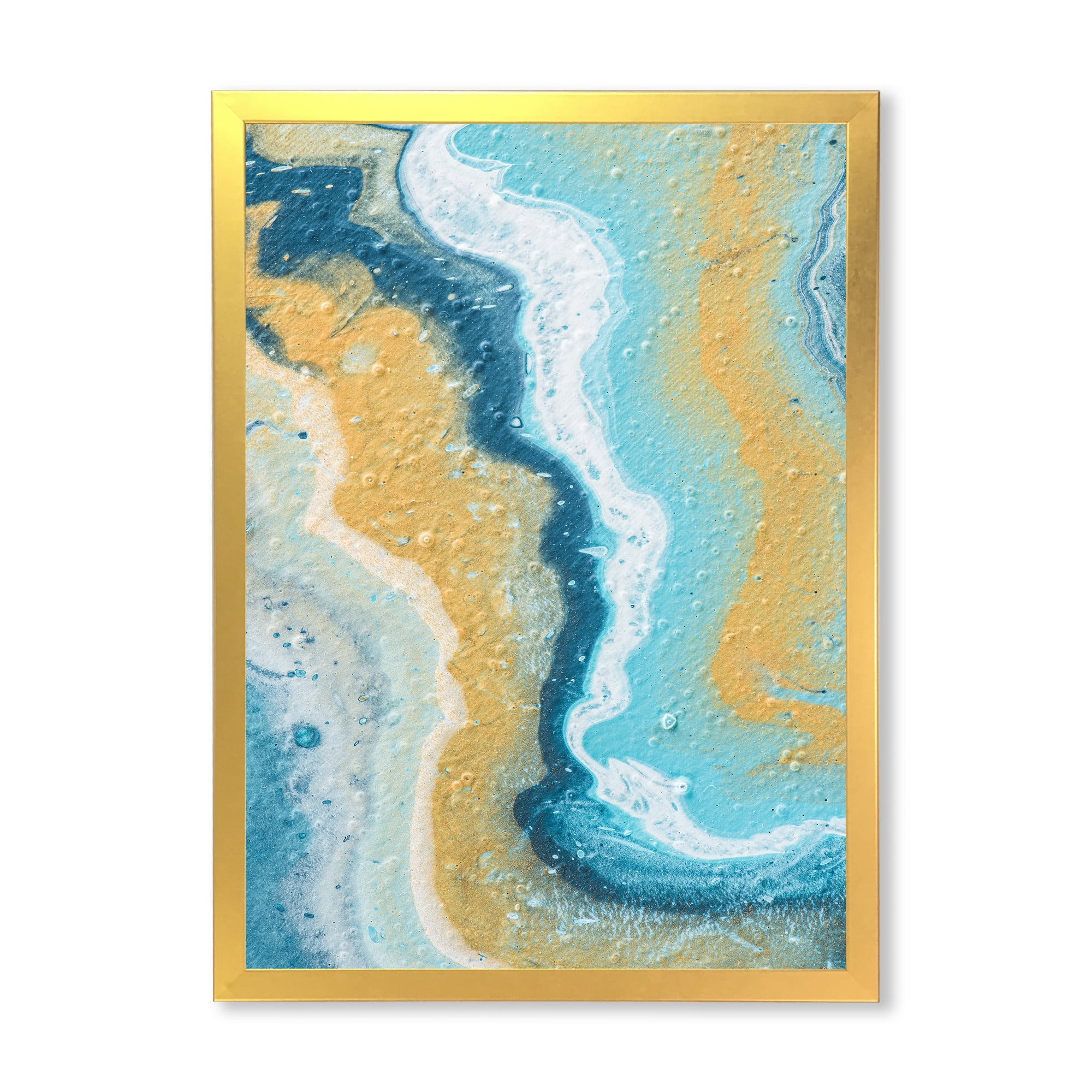 Designart 'Abstract Marble Composition In Blue and Yellow III' Modern Framed Art Print