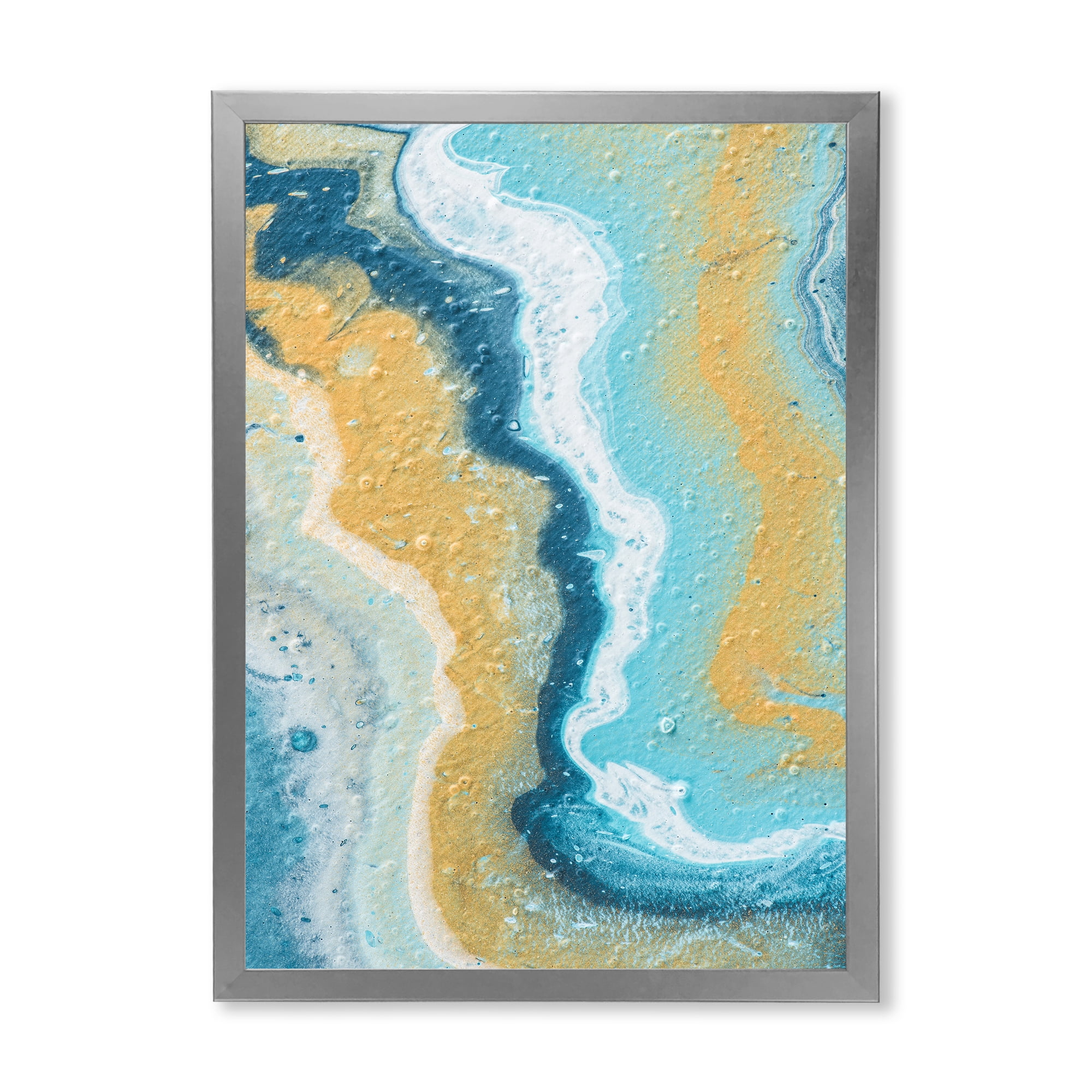 Designart 'Abstract Marble Composition In Blue and Yellow III' Modern Framed Art Print
