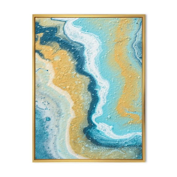 Designart 'Abstract Marble Composition In Blue and Yellow III' Modern Framed Canvas Wall Art Print