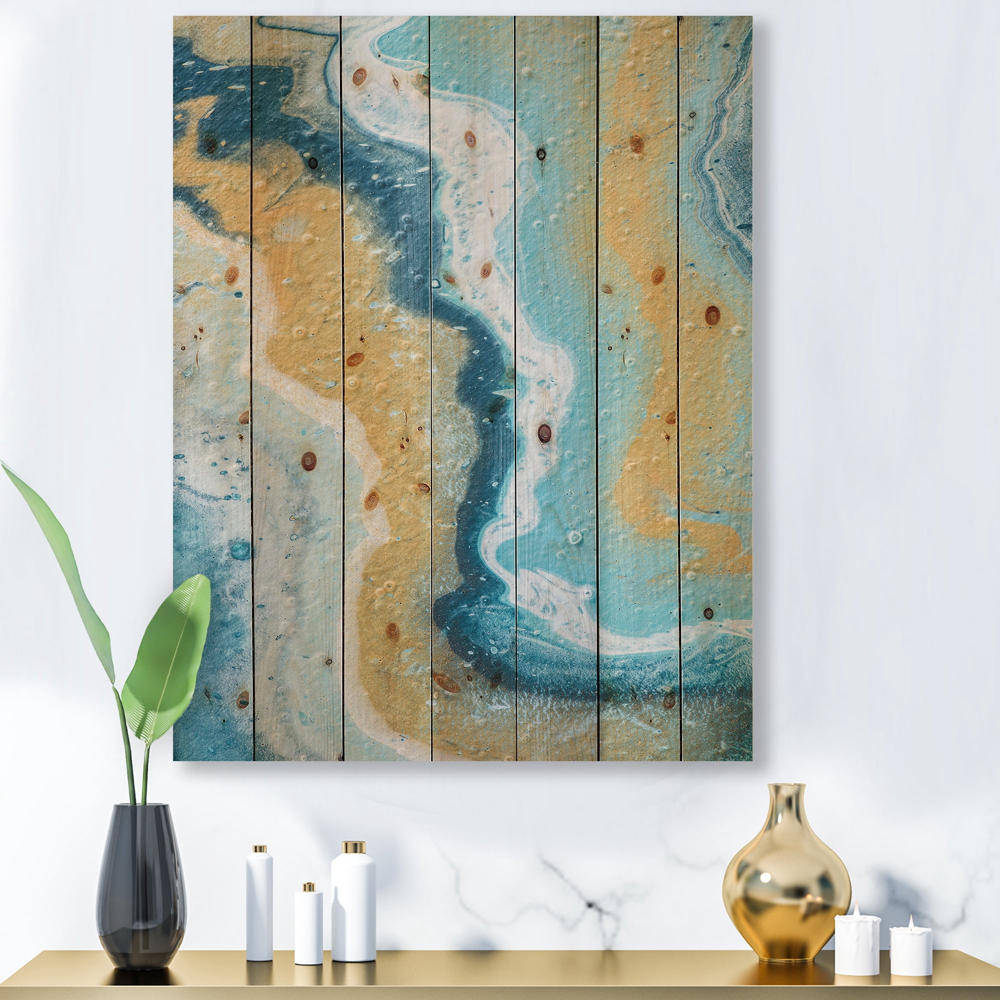 Designart 'Abstract Marble Composition In Blue and Yellow III' Modern Print on Natural Pine Wood