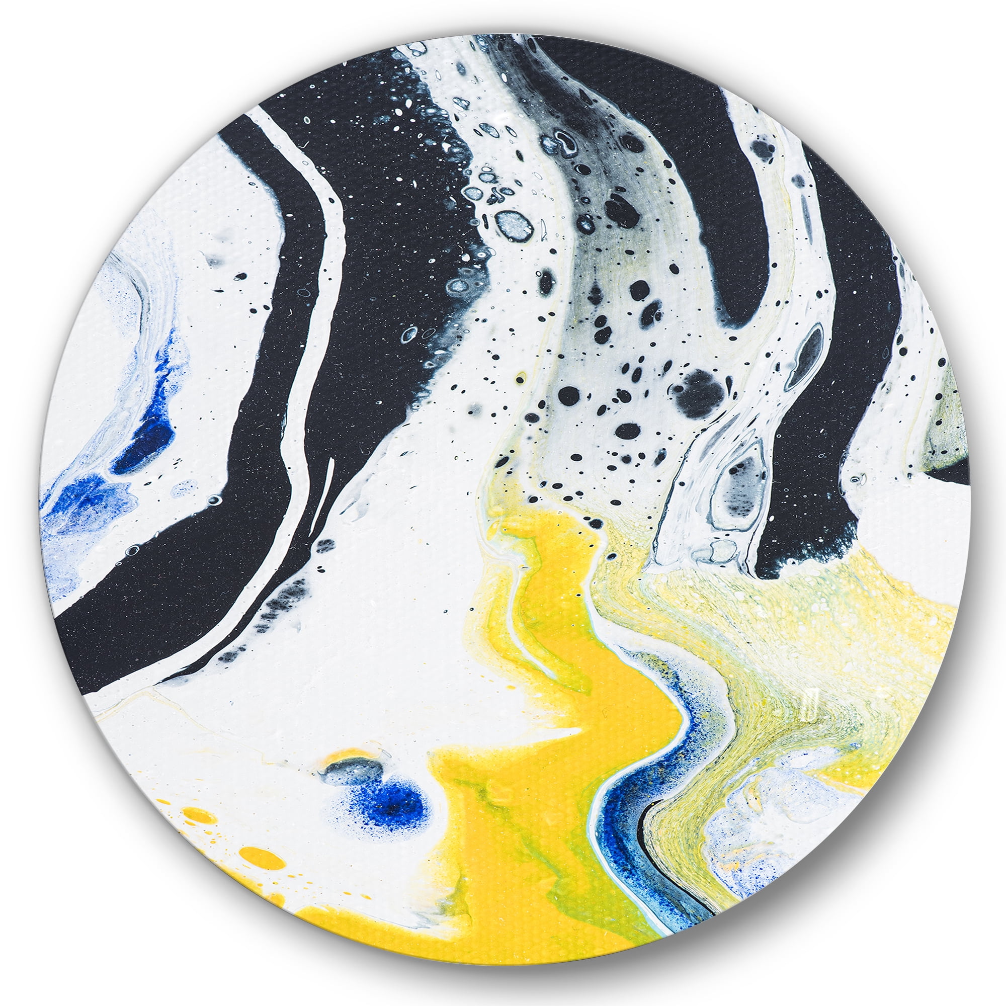 Designart 'Abstract Marble Composition In Blue and Yellow IV' Modern Circle Metal Wall Art 36x36 - Disc of 36