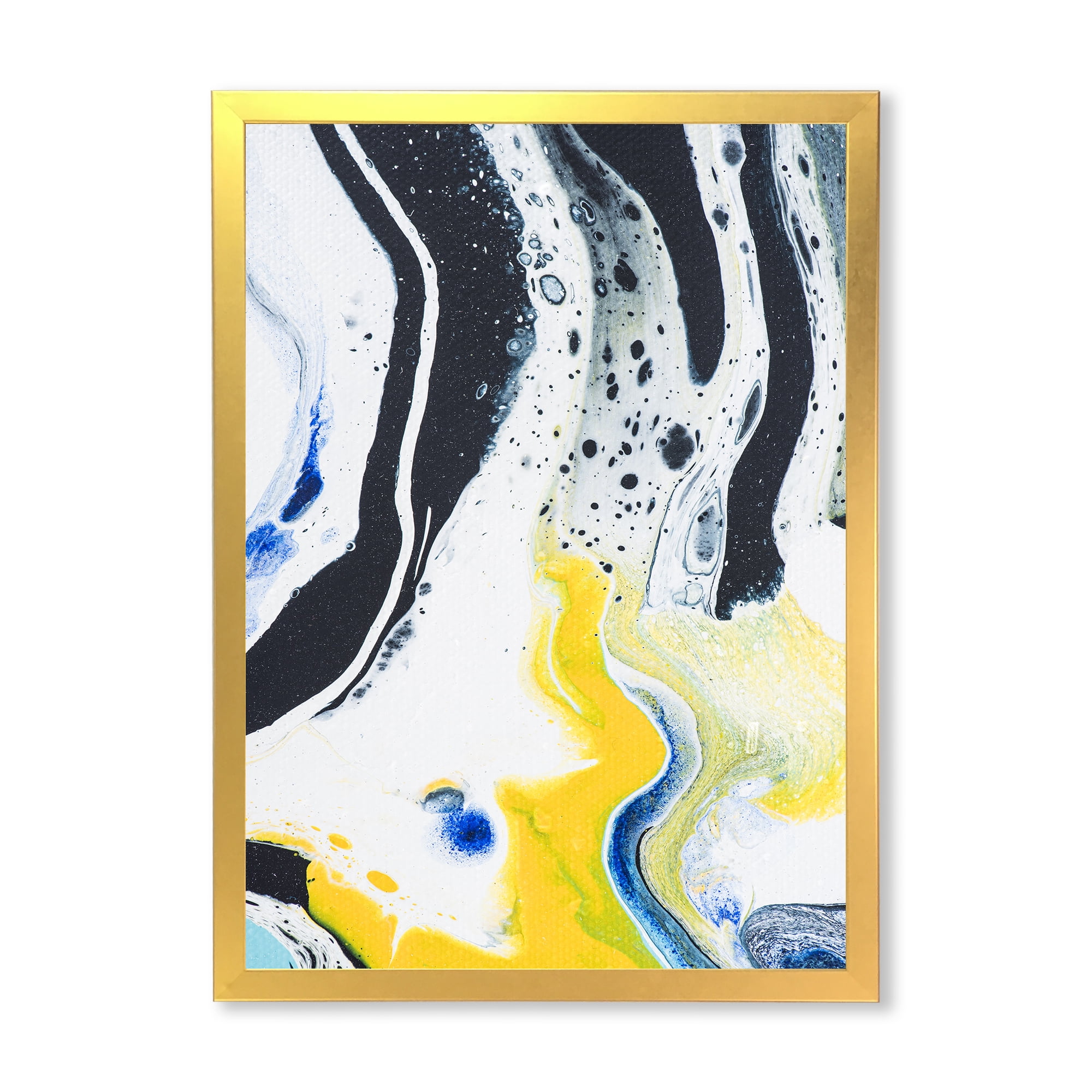 Designart 'Abstract Marble Composition In Blue and Yellow IV' Modern Framed Art Print