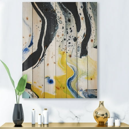 Designart 'Abstract Marble Composition In Blue and Yellow IV' Modern Print on Natural Pine Wood