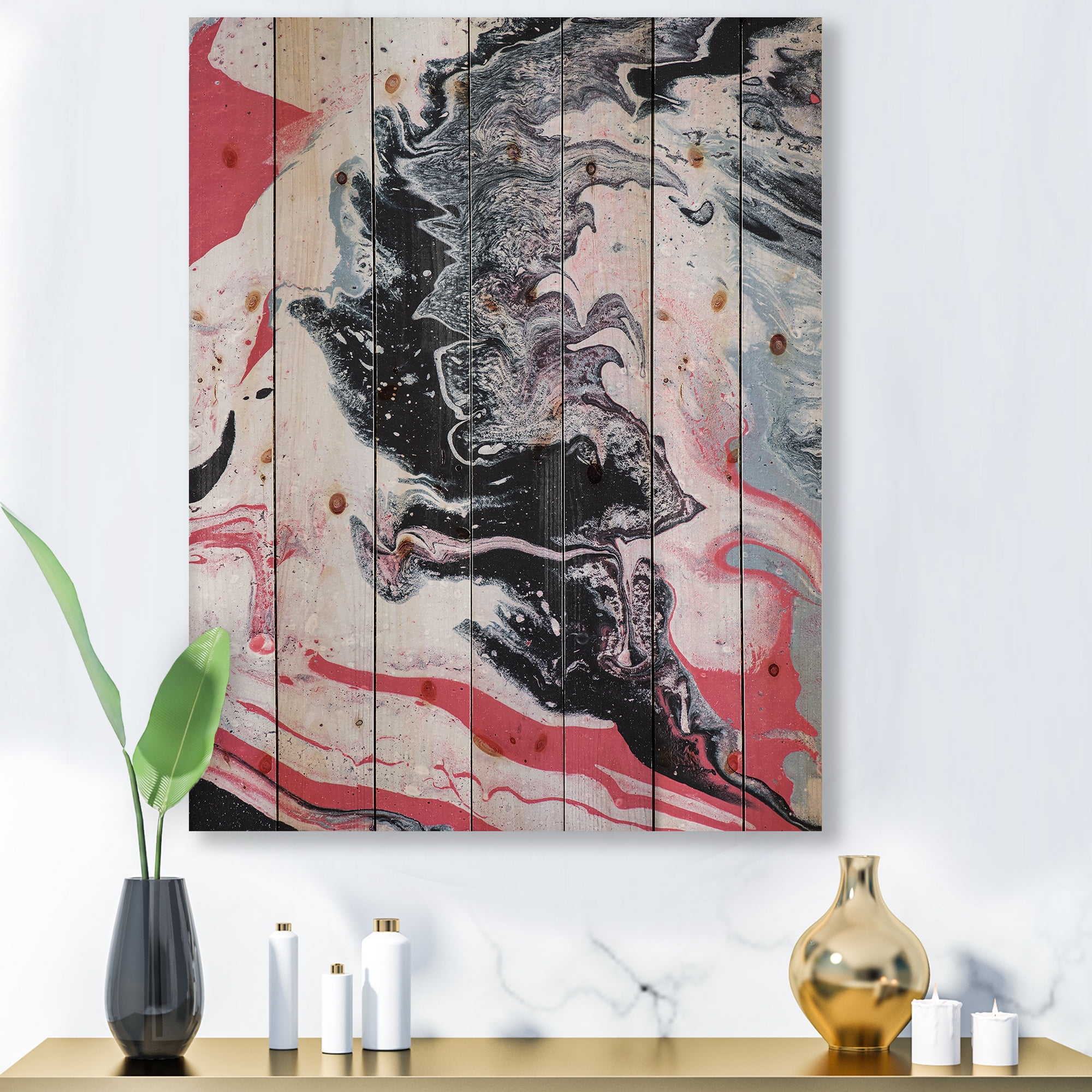 Designart 'Abstract Marble Composition In Gray and Pink I' Modern Print on Natural Pine Wood