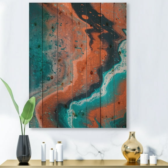 Designart 'Abstract Marble Composition In Orange and Blue I' Modern Print on Natural Pine Wood