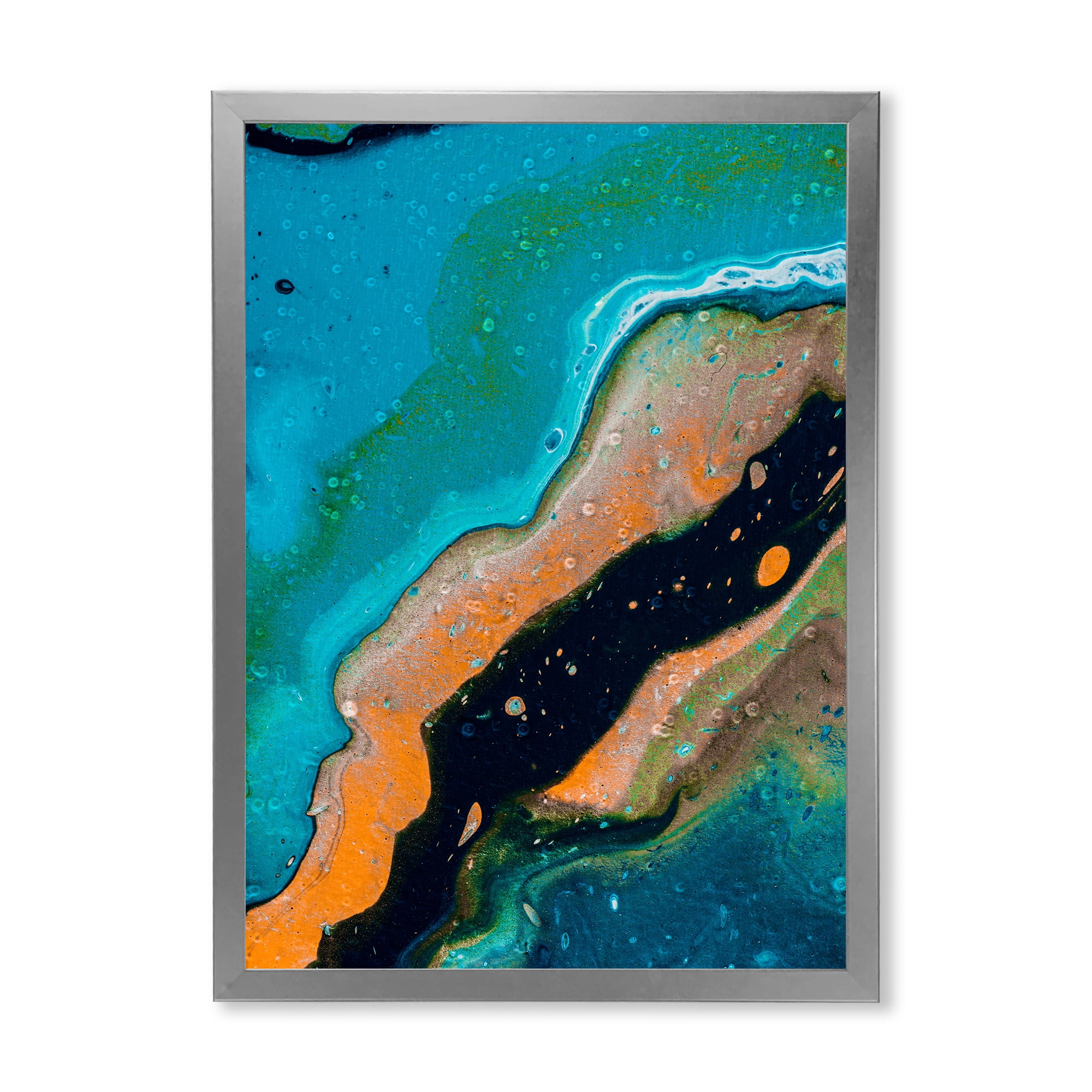 Designart 'Abstract Marble Composition In Orange and Blue II' Modern Framed Art Print