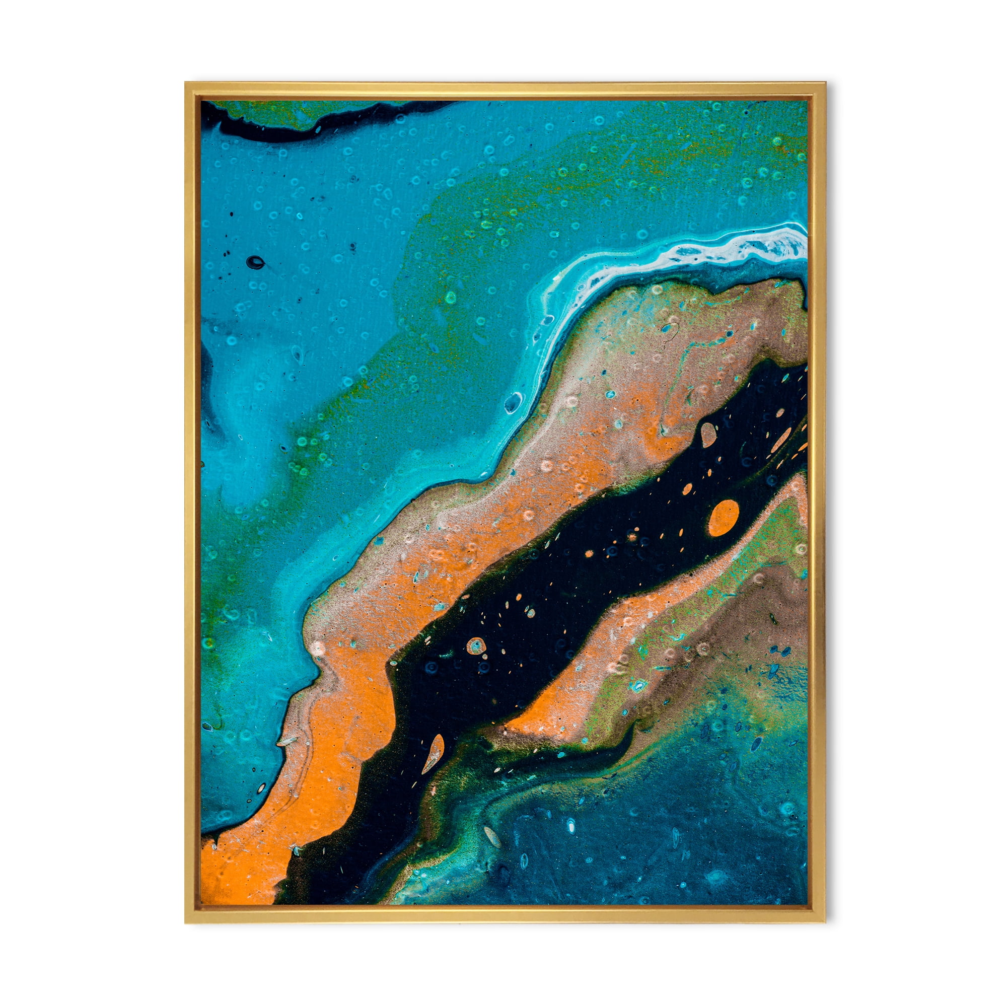 Designart 'Abstract Marble Composition In Orange and Blue II' Modern Framed Canvas Wall Art Print