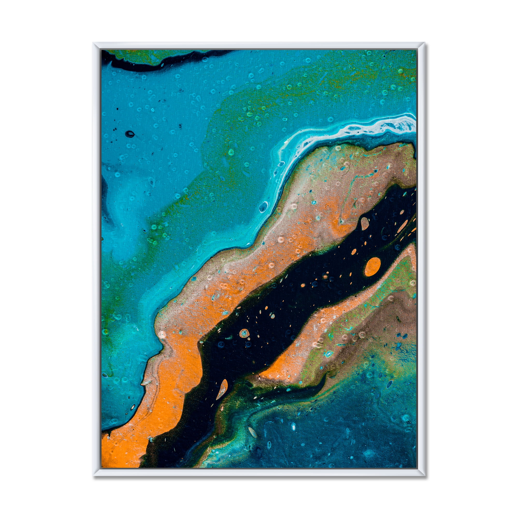 Designart 'Abstract Marble Composition In Orange and Blue II' Modern Framed Canvas Wall Art Print