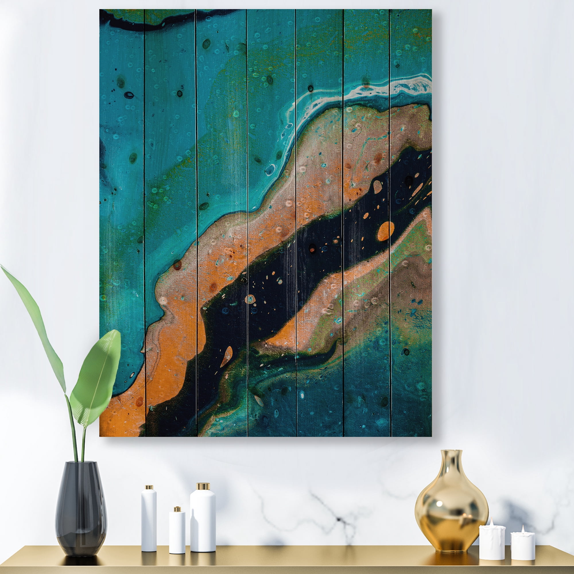 Designart 'Abstract Marble Composition In Orange and Blue II' Modern Print on Natural Pine Wood