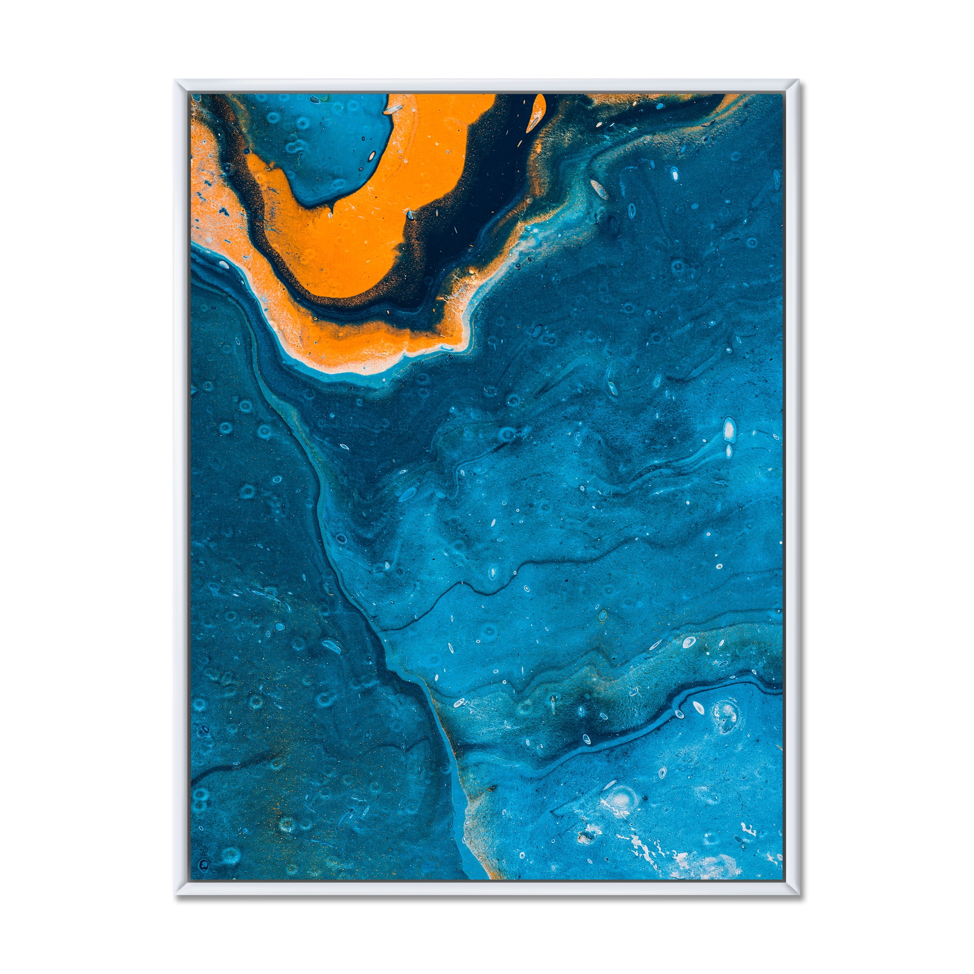Designart 'Abstract Marble Composition In Orange and Blue III' Modern Framed Canvas Wall Art Print