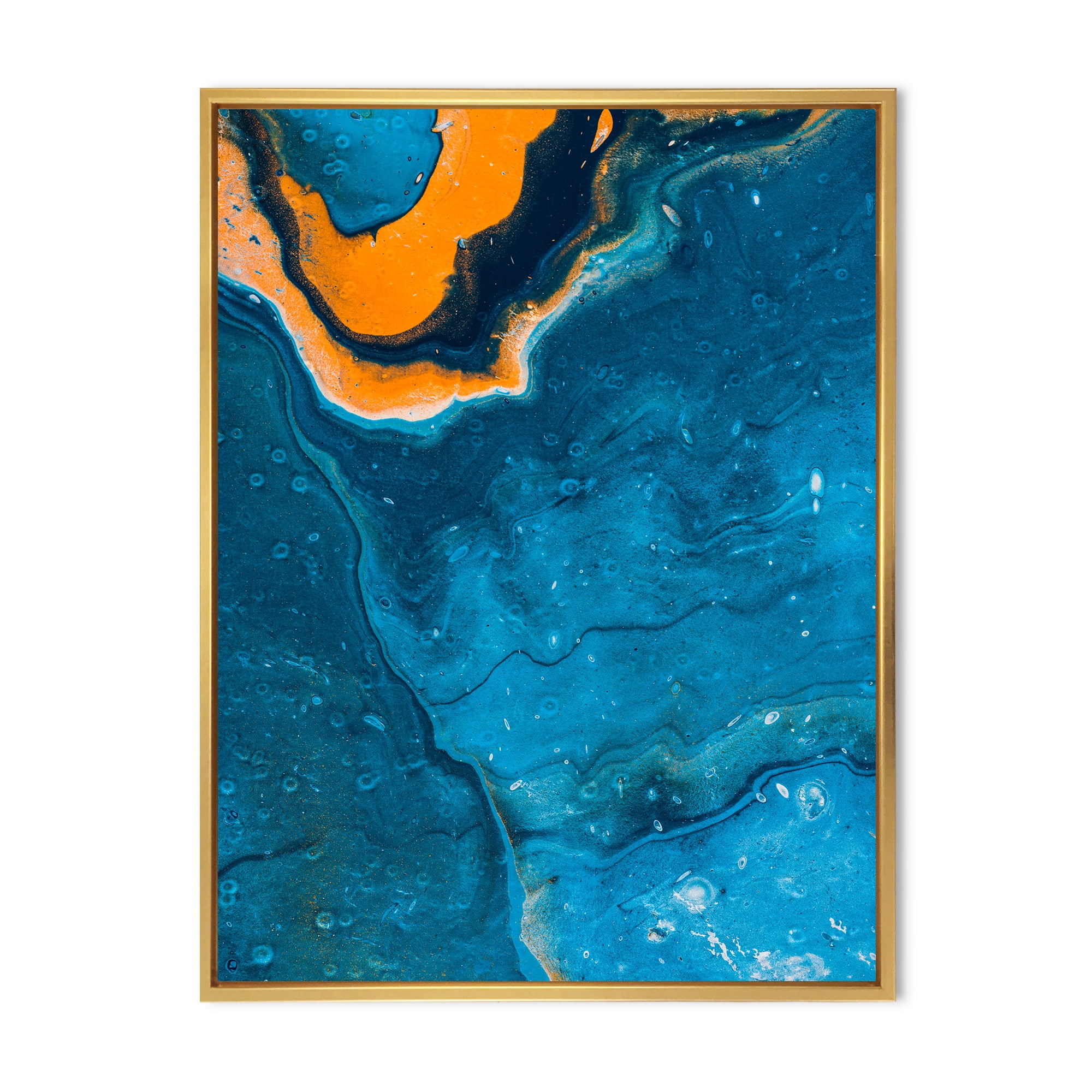 Designart 'Abstract Marble Composition In Orange and Blue III' Modern Framed Canvas Wall Art Print