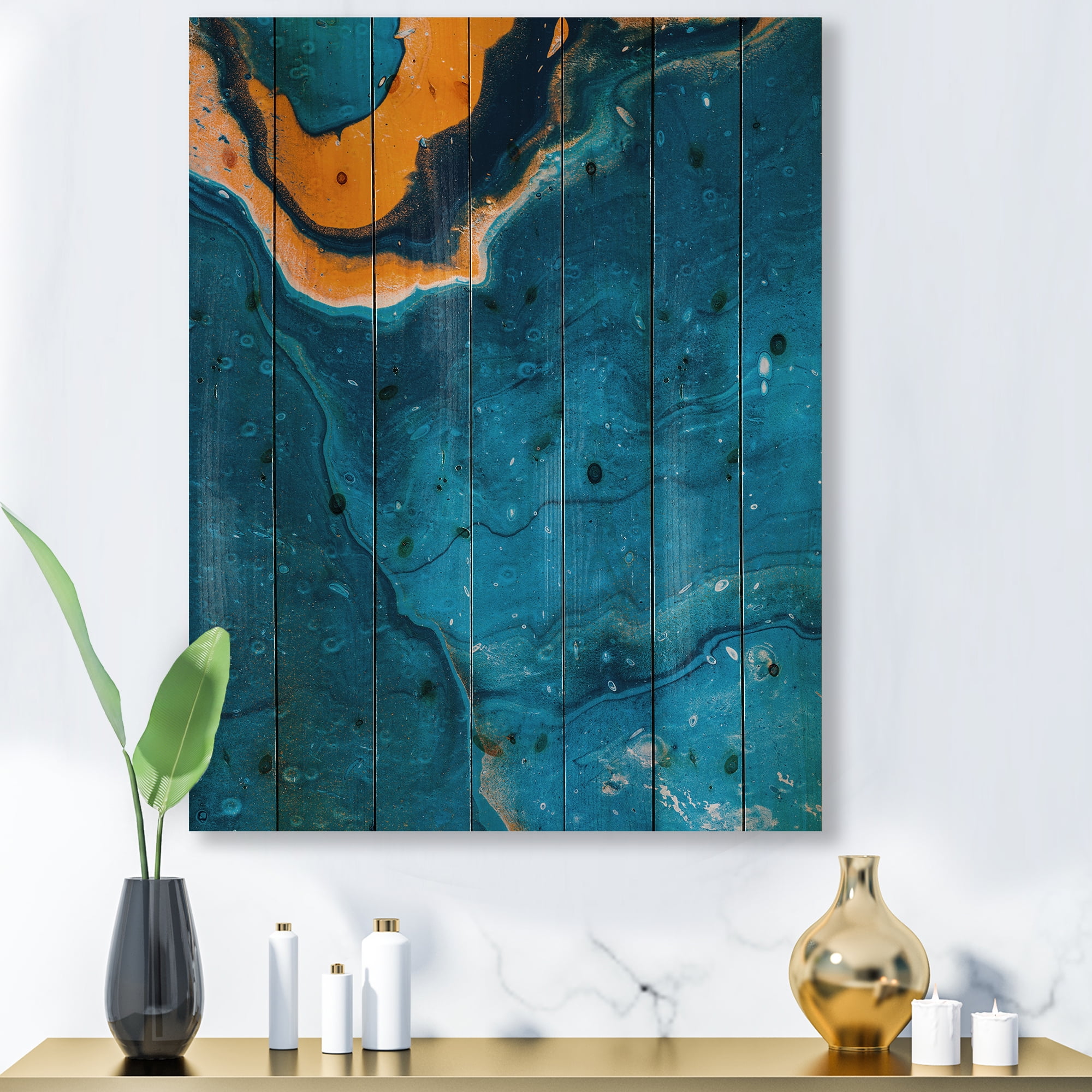 Designart 'Abstract Marble Composition In Orange and Blue III' Modern Print on Natural Pine Wood