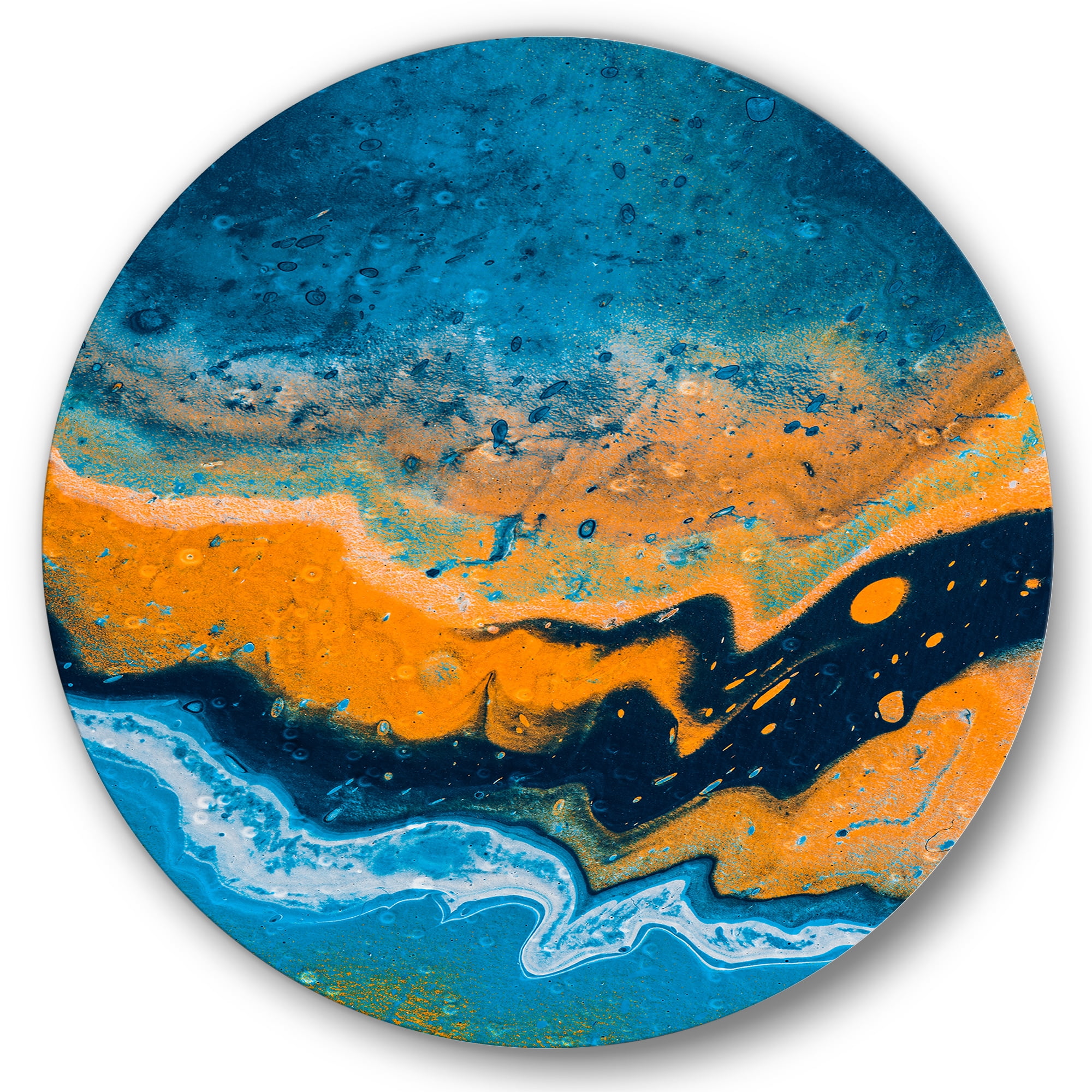 Designart 'Abstract Marble Composition In Orange and Blue IV' Modern Circle Metal Wall Art 11x11 - Disc of 11