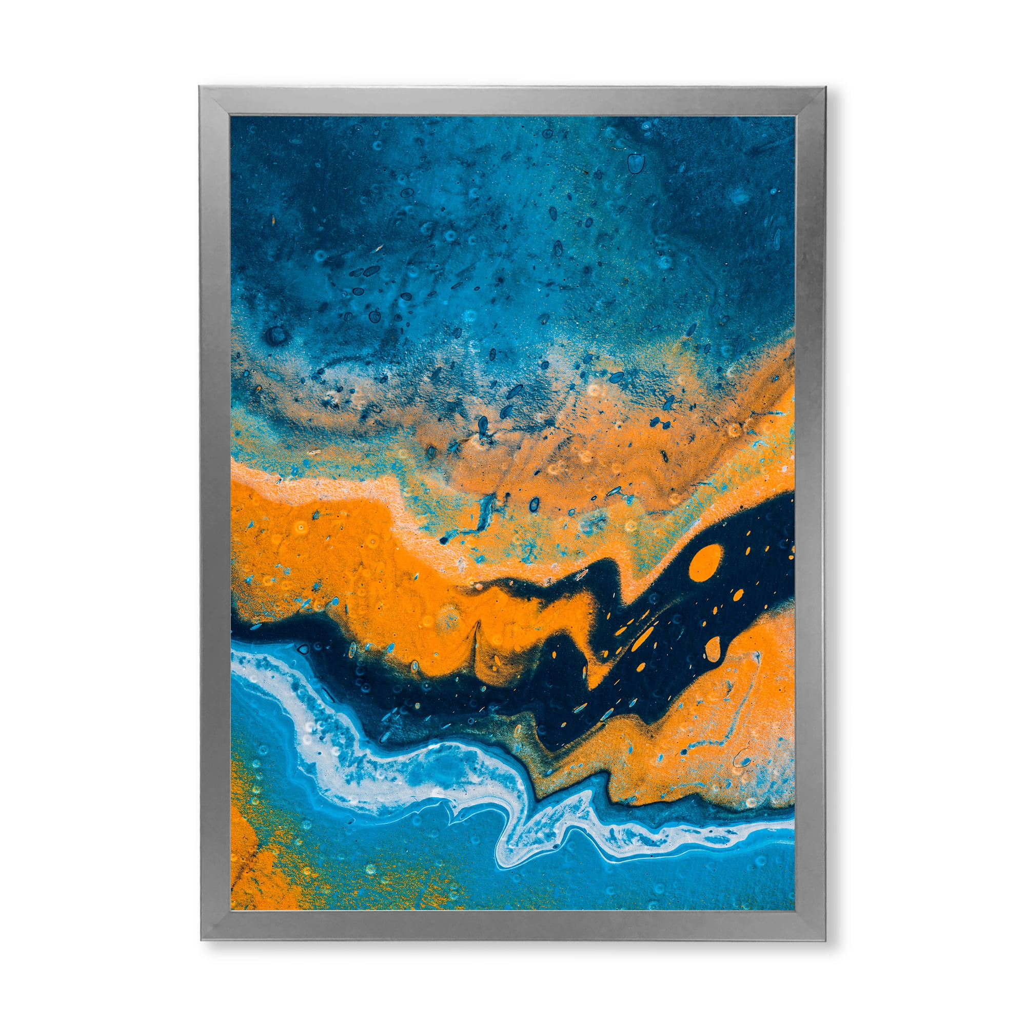 Designart 'Abstract Marble Composition In Orange and Blue IV' Modern Framed Art Print