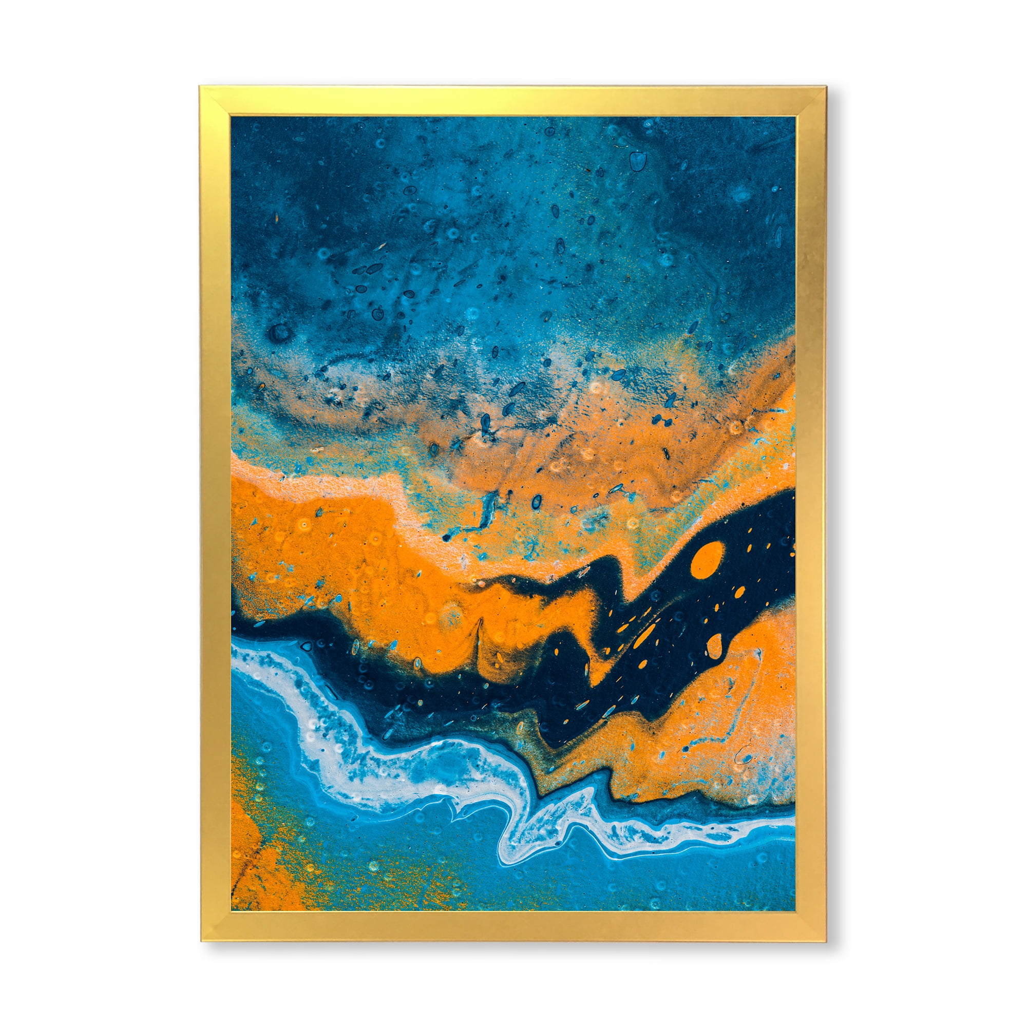 Designart 'Abstract Marble Composition In Orange and Blue IV' Modern Framed Art Print