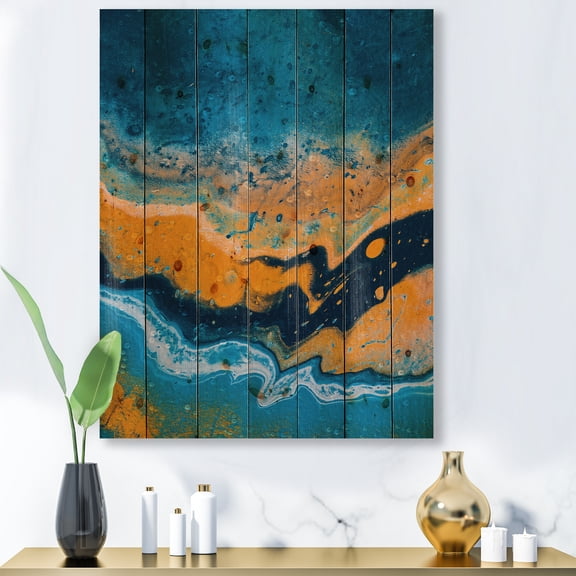 Designart 'Abstract Marble Composition In Orange and Blue IV' Modern Print on Natural Pine Wood