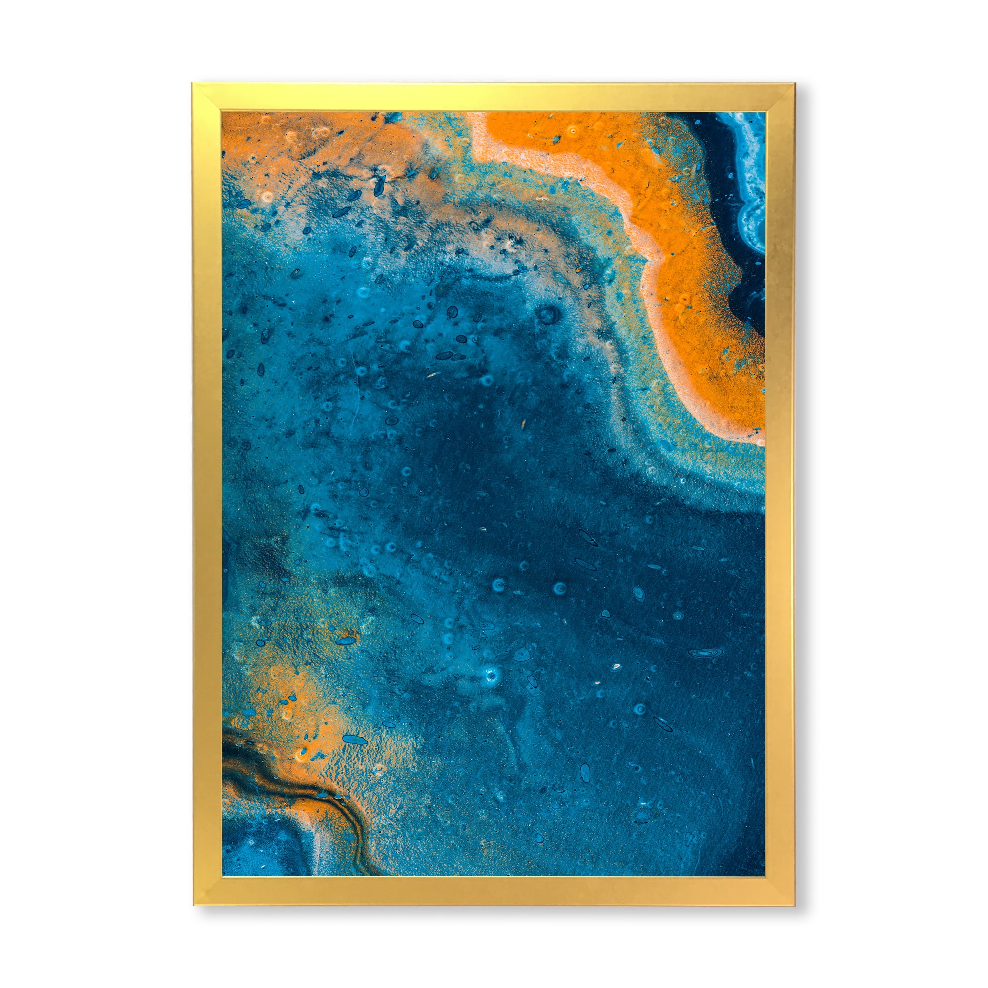 Designart 'Abstract Marble Composition In Orange and Blue V' Modern Framed Art Print